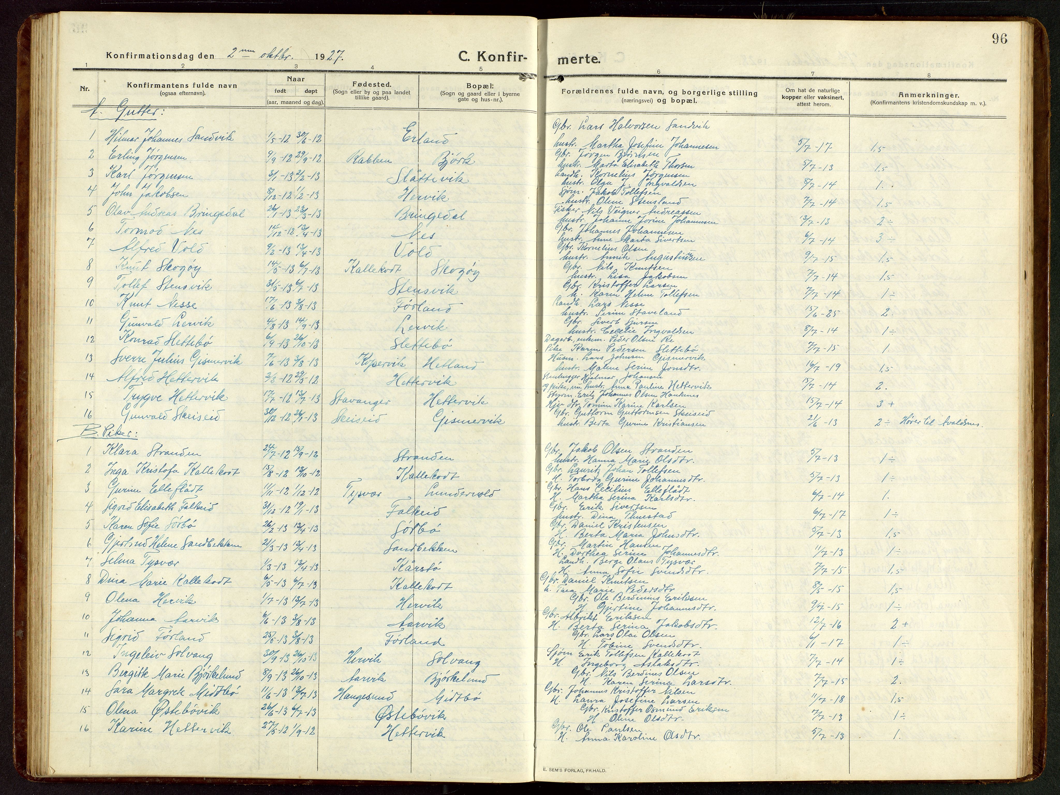 Tysvær sokneprestkontor, AV/SAST-A -101864/H/Ha/Hab/L0011: Klokkerbok nr. B 11, 1913-1946, s. 96