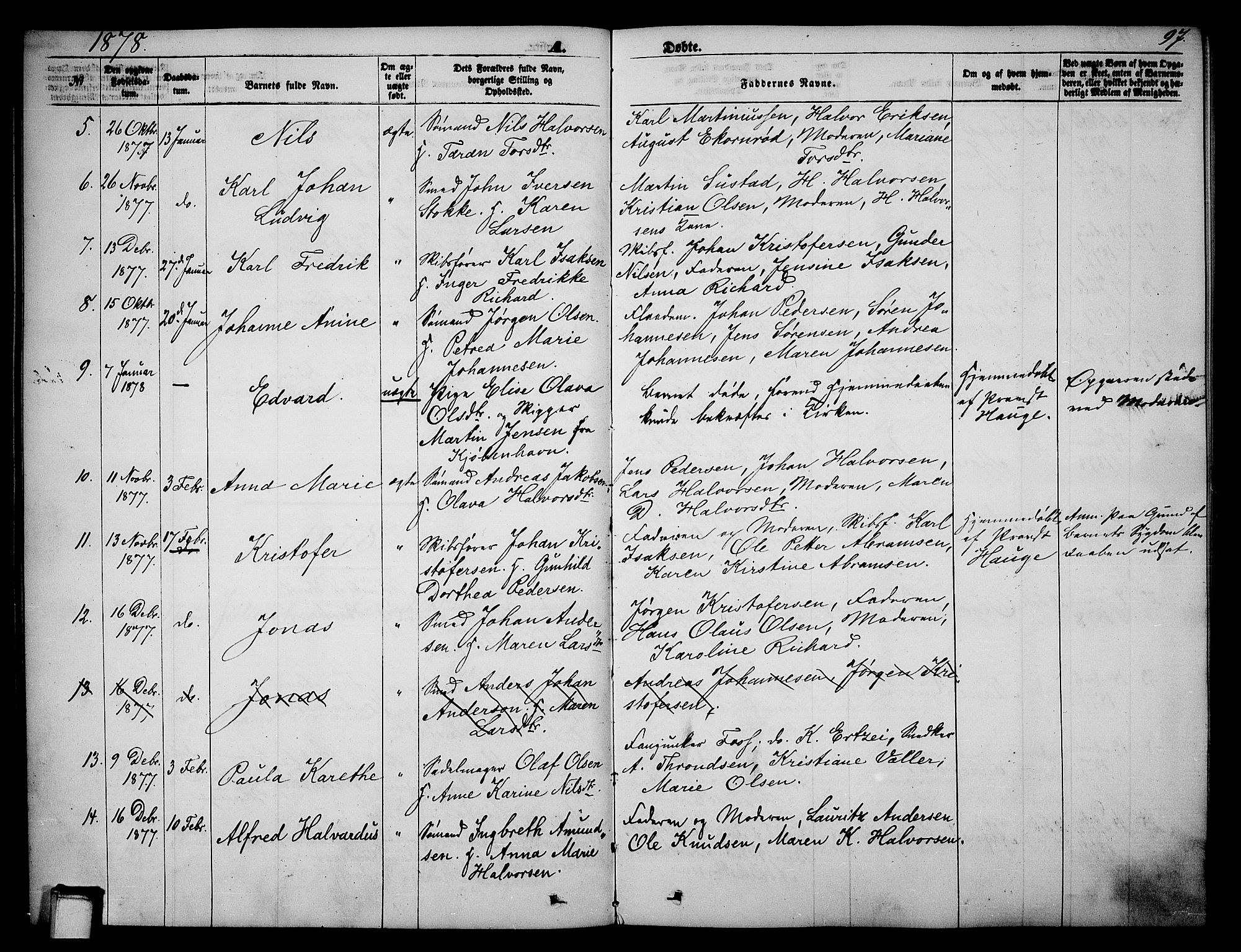 Skien kirkebøker, AV/SAKO-A-302/G/Ga/L0005: Klokkerbok nr. 5, 1868-1880, s. 97