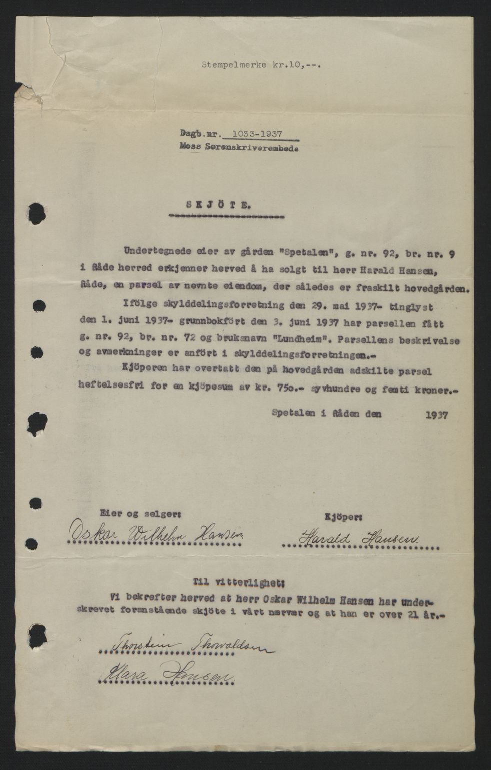 Moss sorenskriveri, SAO/A-10168: Pantebok nr. A3, 1937-1938, Dagboknr: 1033/1937