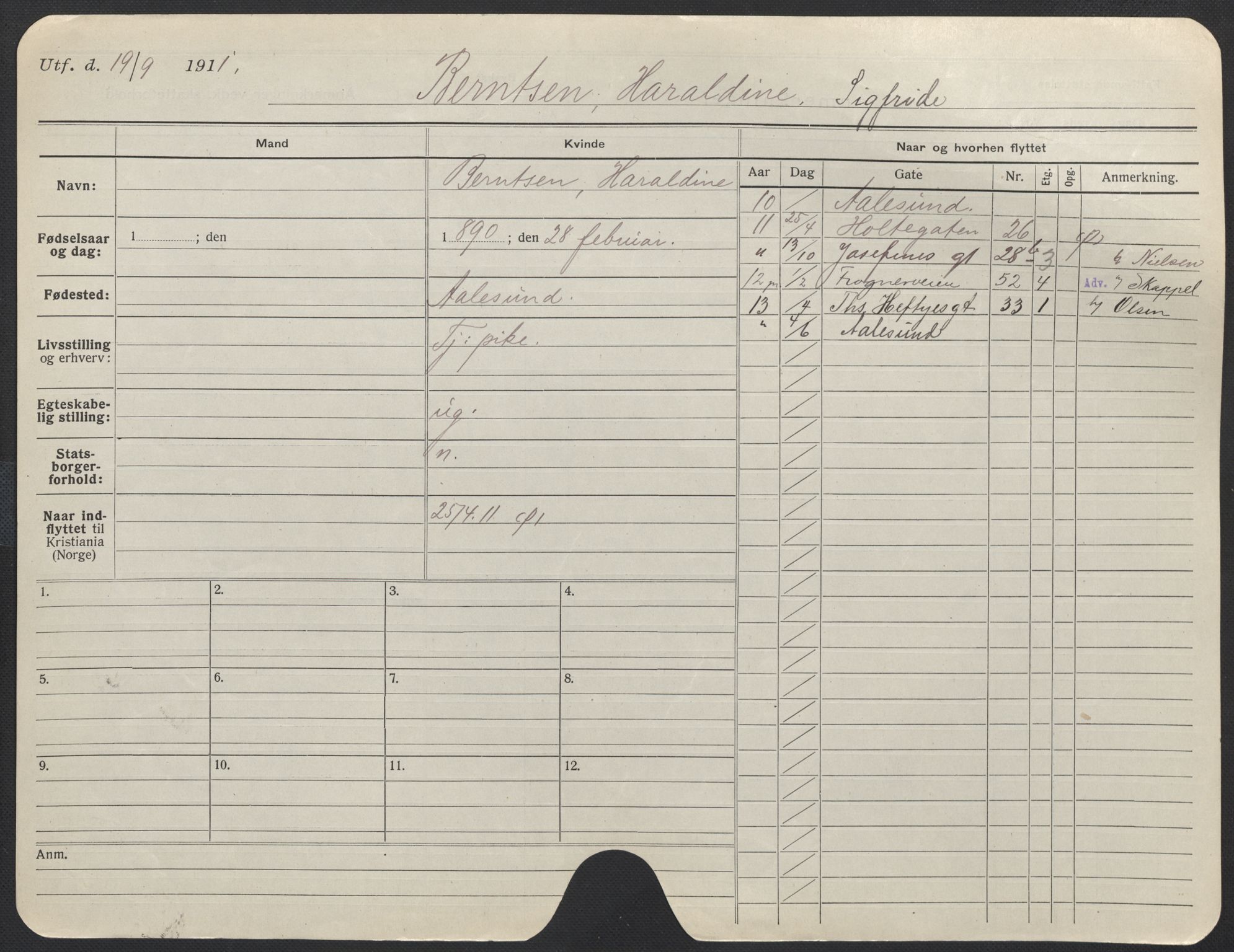 Oslo folkeregister, Registerkort, AV/SAO-A-11715/F/Fa/Fac/L0013: Kvinner, 1906-1914, s. 299a