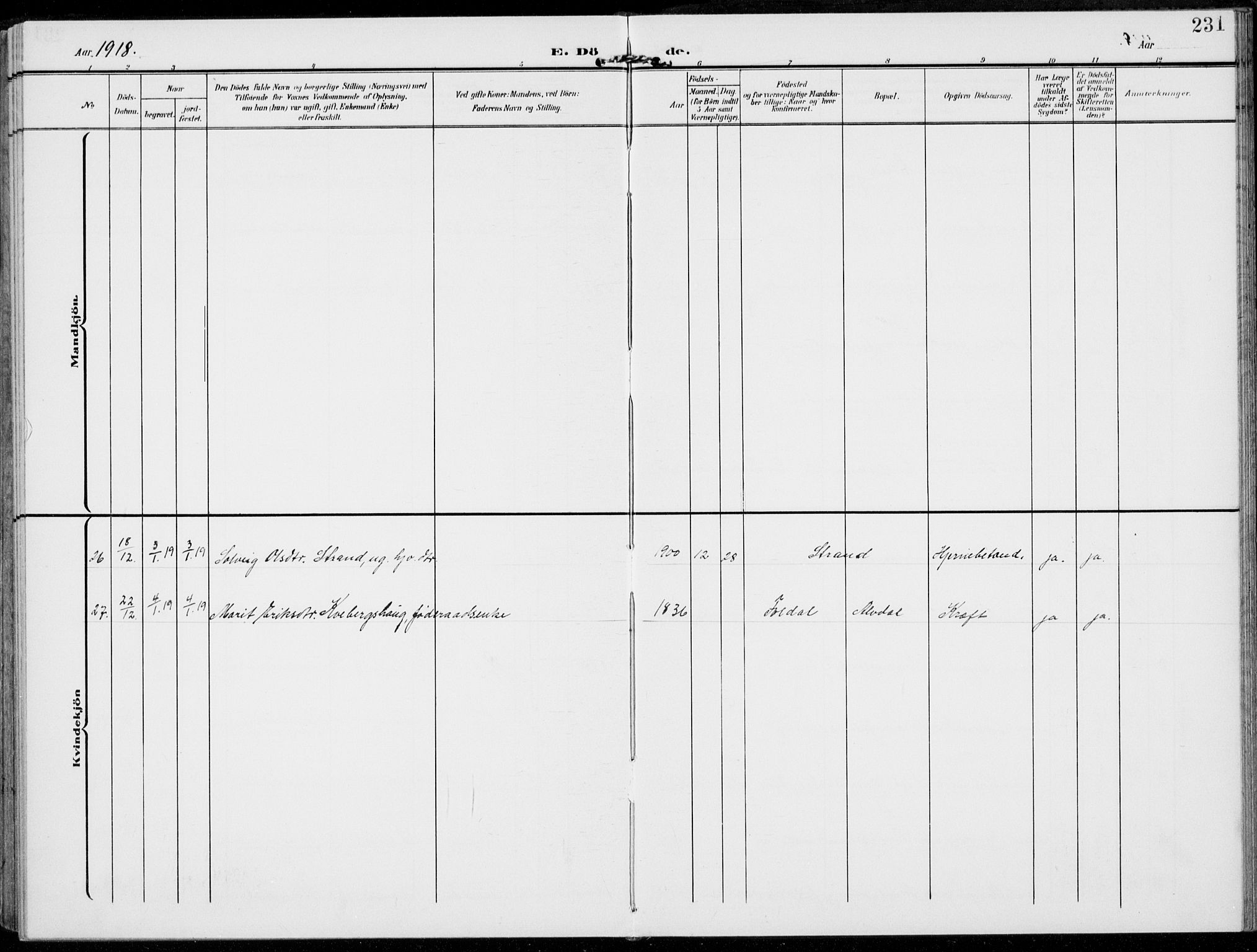 Alvdal prestekontor, AV/SAH-PREST-060/H/Ha/Haa/L0004: Ministerialbok nr. 4, 1907-1919, s. 231