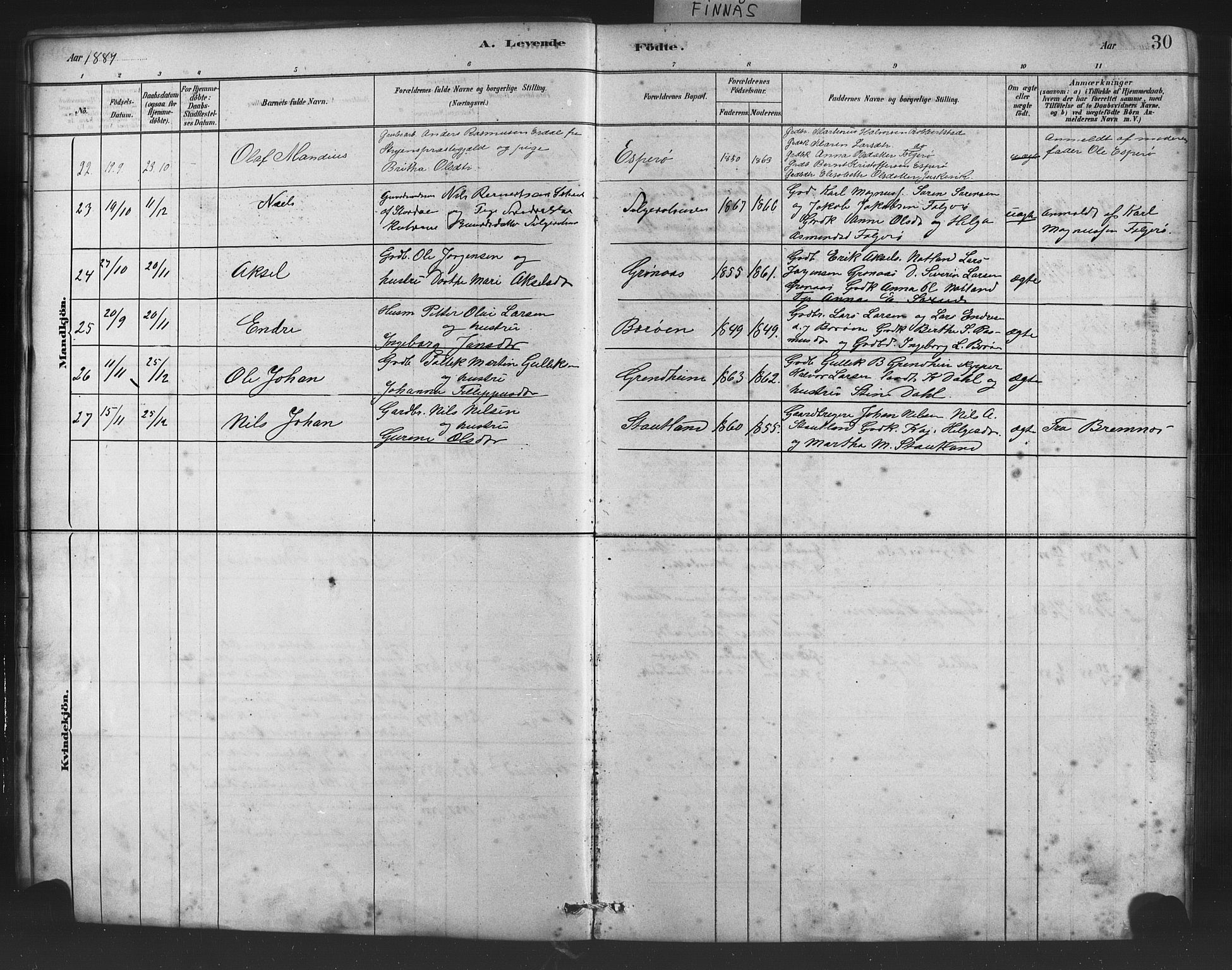 Finnås sokneprestembete, AV/SAB-A-99925/H/Ha/Haa/Haab/L0001: Ministerialbok nr. B 1, 1881-1894, s. 30