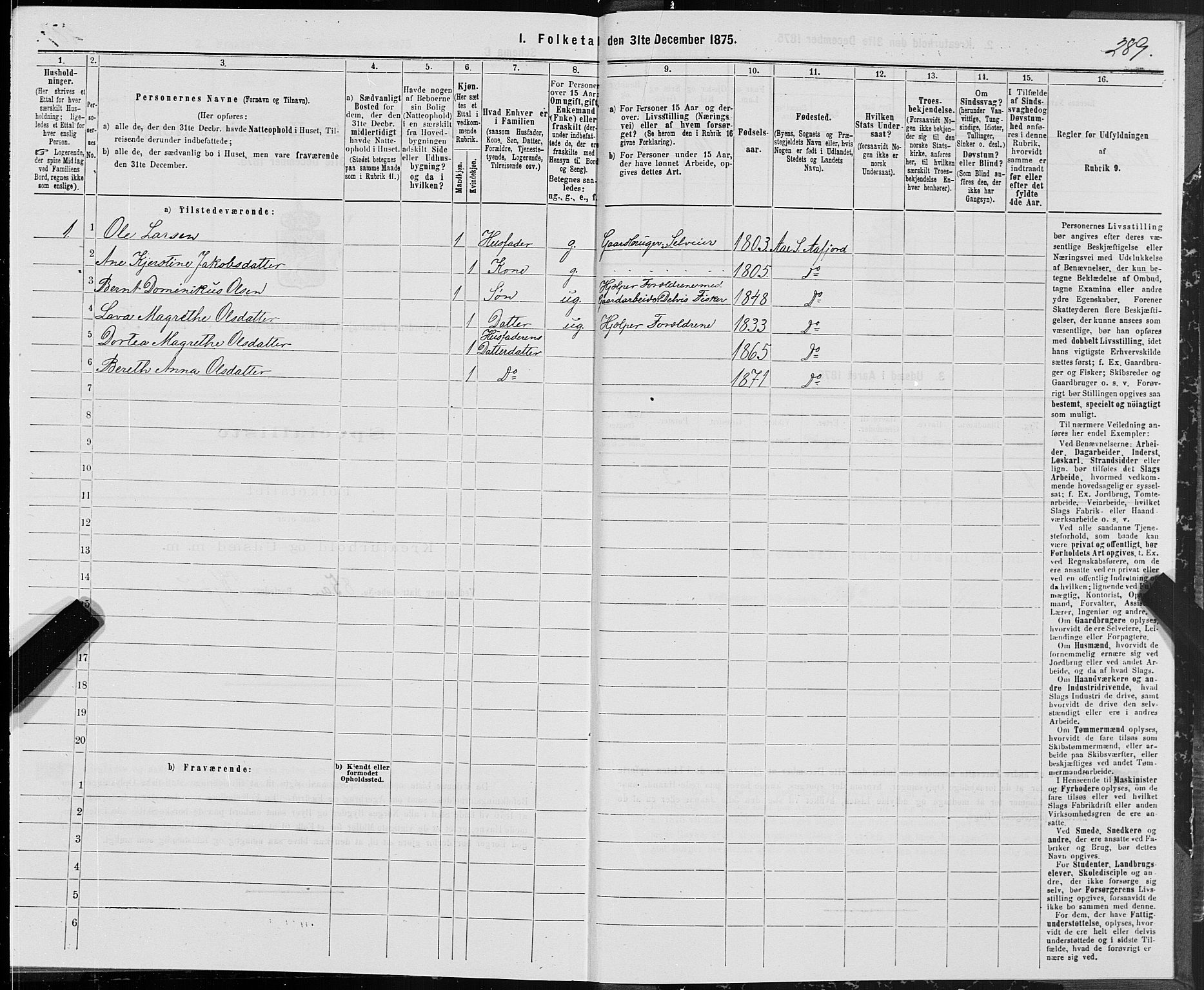 SAT, Folketelling 1875 for 1630P Aafjorden prestegjeld, 1875, s. 2289