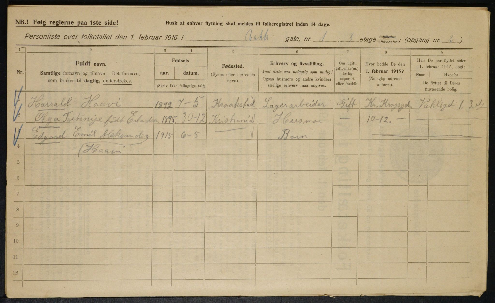 OBA, Kommunal folketelling 1.2.1916 for Kristiania, 1916, s. 125133