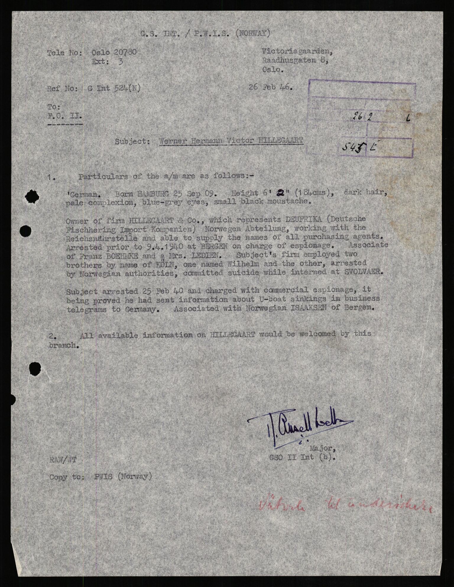 Forsvaret, Forsvarets overkommando II, AV/RA-RAFA-3915/D/Db/L0013: CI Questionaires. Tyske okkupasjonsstyrker i Norge. Tyskere., 1945-1946, s. 266