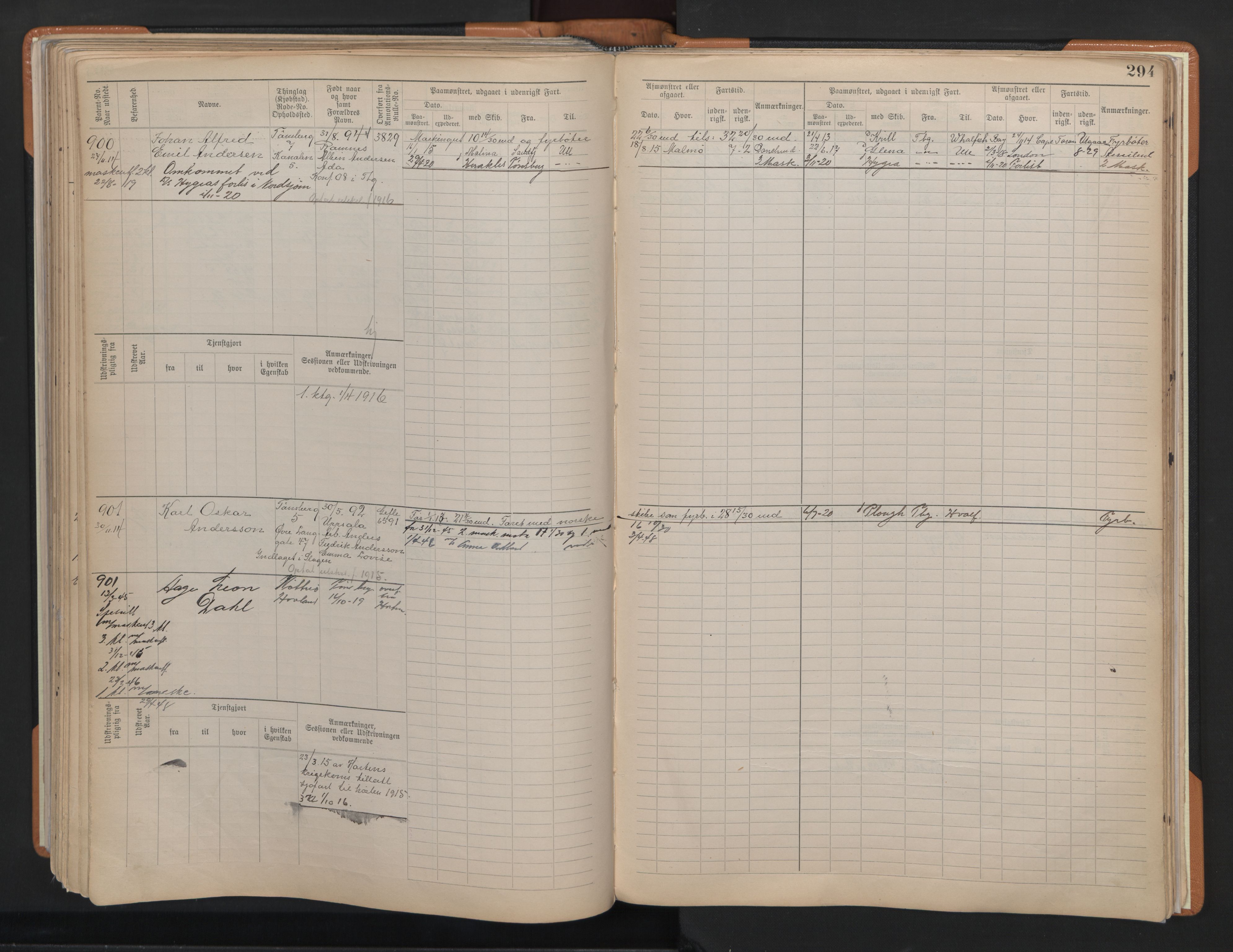 Tønsberg innrulleringskontor, AV/SAKO-A-786/F/Fe/L0004: Maskinist- og fyrbøterrulle Patent nr. 315-1079, 1902-1922, s. 294