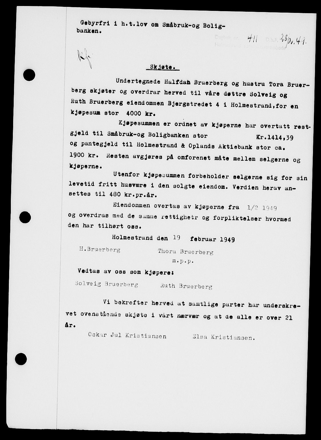 Holmestrand sorenskriveri, SAKO/A-67/G/Ga/Gaa/L0065: Pantebok nr. A-65, 1948-1949, Dagboknr: 411/1949