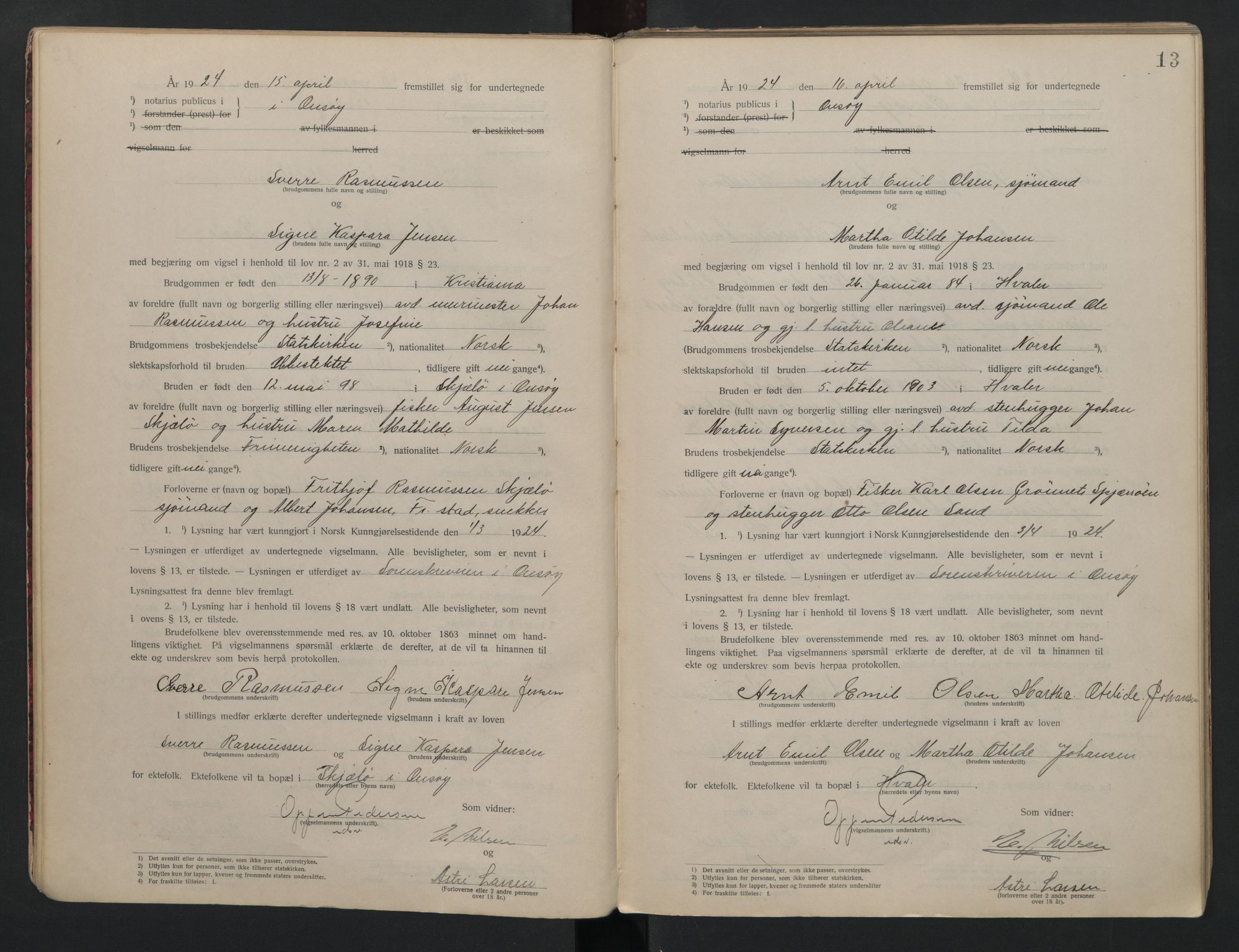 Onsøy sorenskriveri, AV/SAO-A-10474/L/La/L0001: Vigselsbok, 1920-1942, s. 13