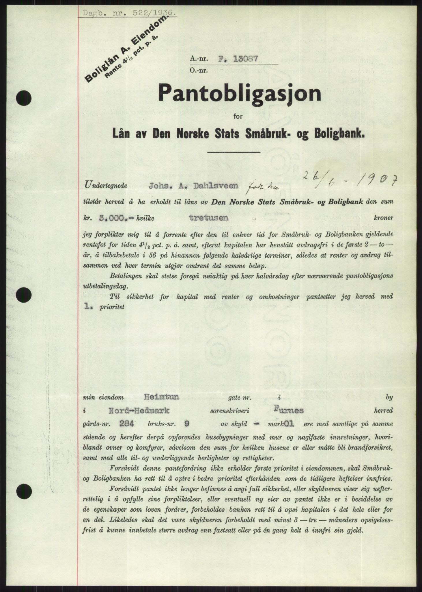Nord-Hedmark sorenskriveri, SAH/TING-012/H/Hb/Hbf/L0001: Pantebok nr. B1, 1936-1936, Dagboknr: 522/1936