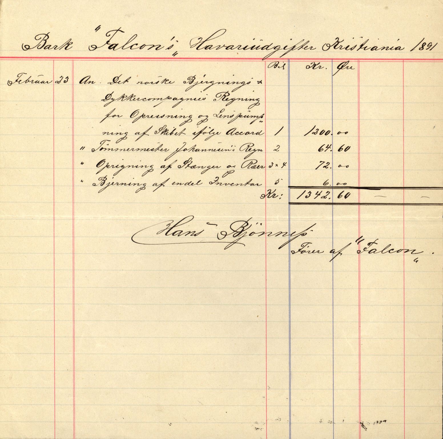 Pa 63 - Østlandske skibsassuranceforening, VEMU/A-1079/G/Ga/L0027/0011: Havaridokumenter / Louise, Lucie, Falcon, Ingeborg av Laurvig, Imperator, 1891, s. 32