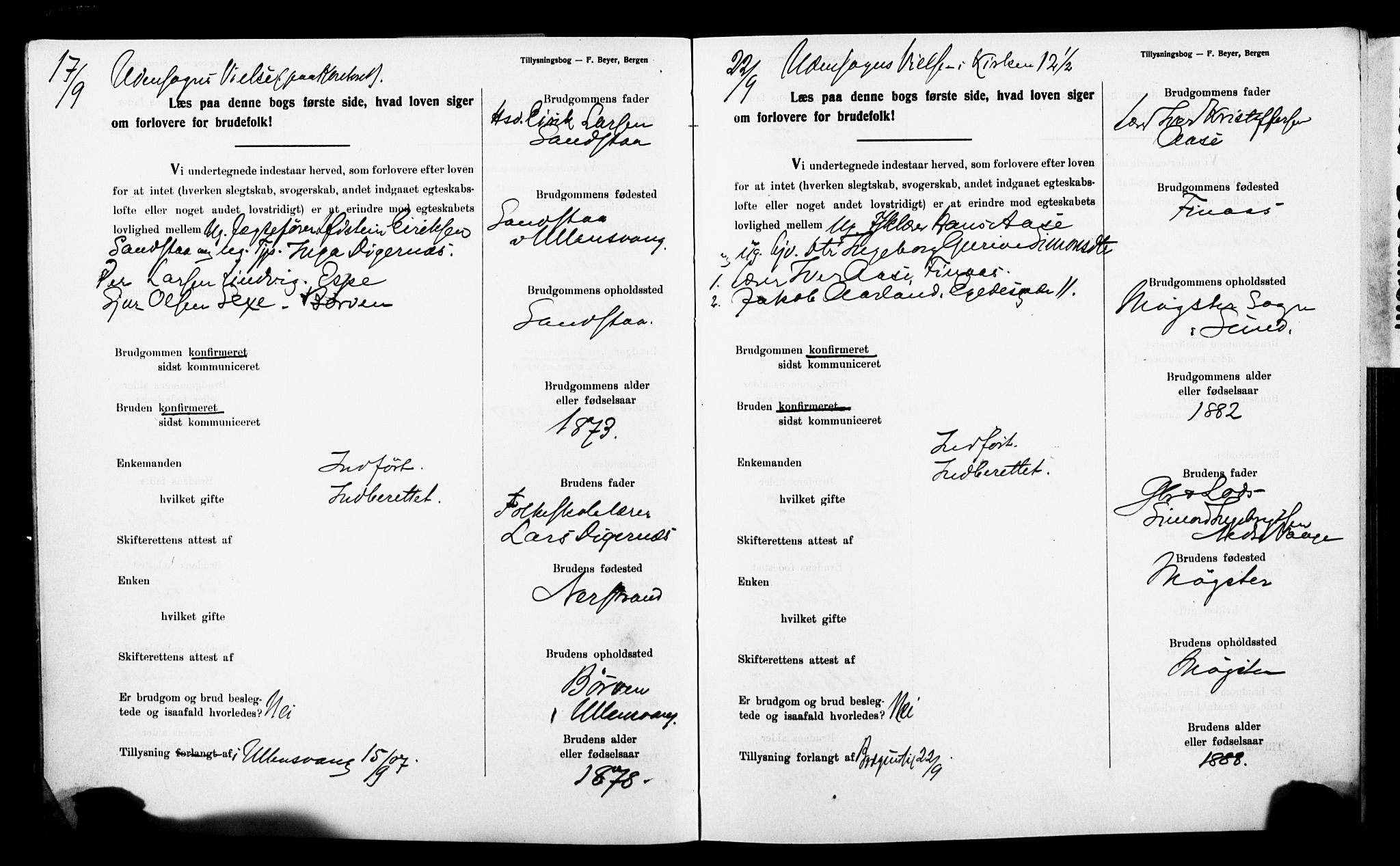 Nykirken Sokneprestembete, SAB/A-77101: Forlovererklæringer nr. II.5.5, 1907-1912, s. 3