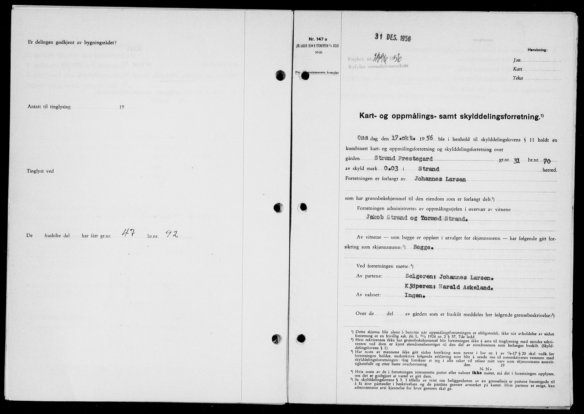 Ryfylke tingrett, SAST/A-100055/001/II/IIB/L0135: Pantebok nr. 114, 1956-1957, Dagboknr: 2396/1956