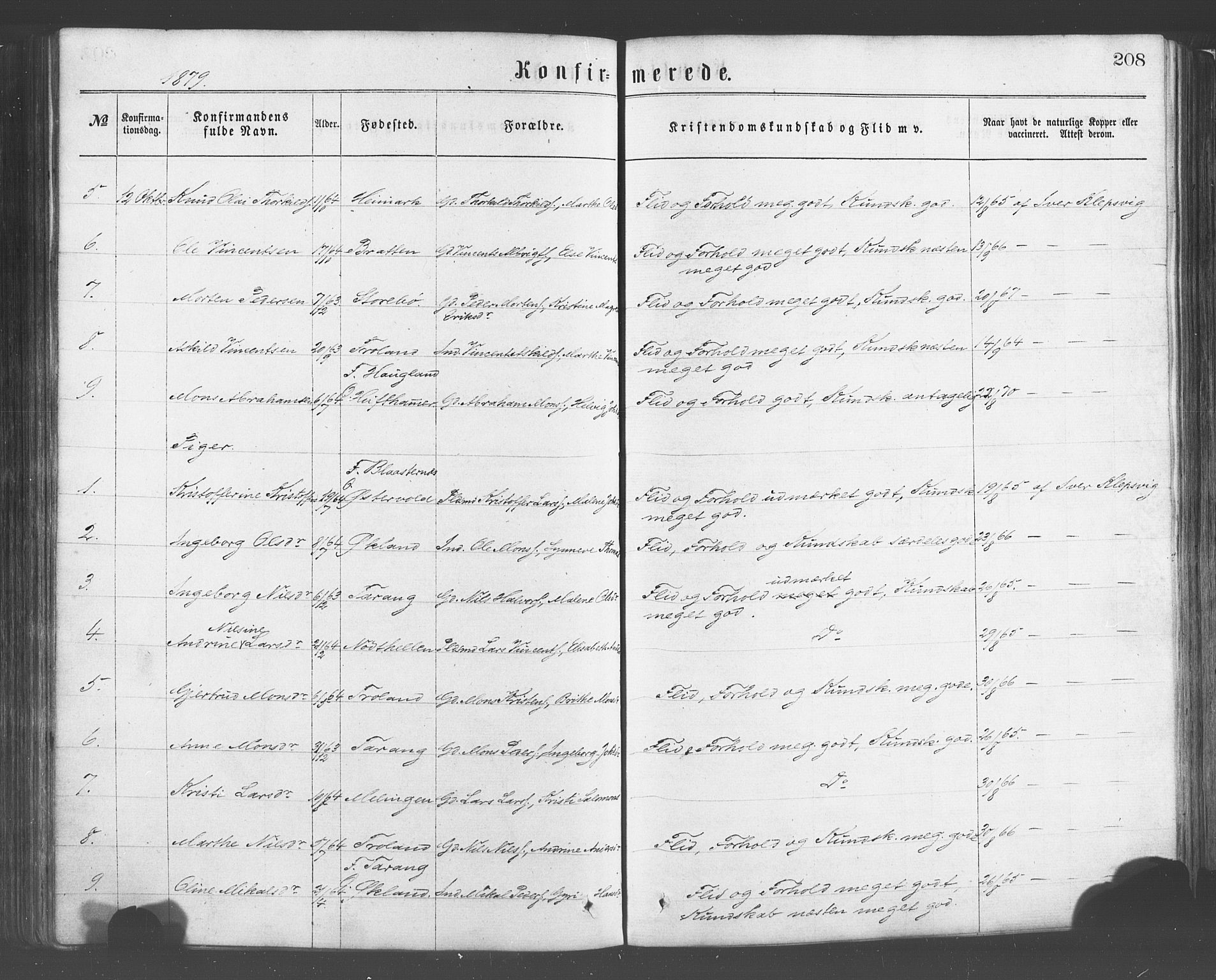 Sund sokneprestembete, AV/SAB-A-99930: Ministerialbok nr. A 15, 1867-1881, s. 208