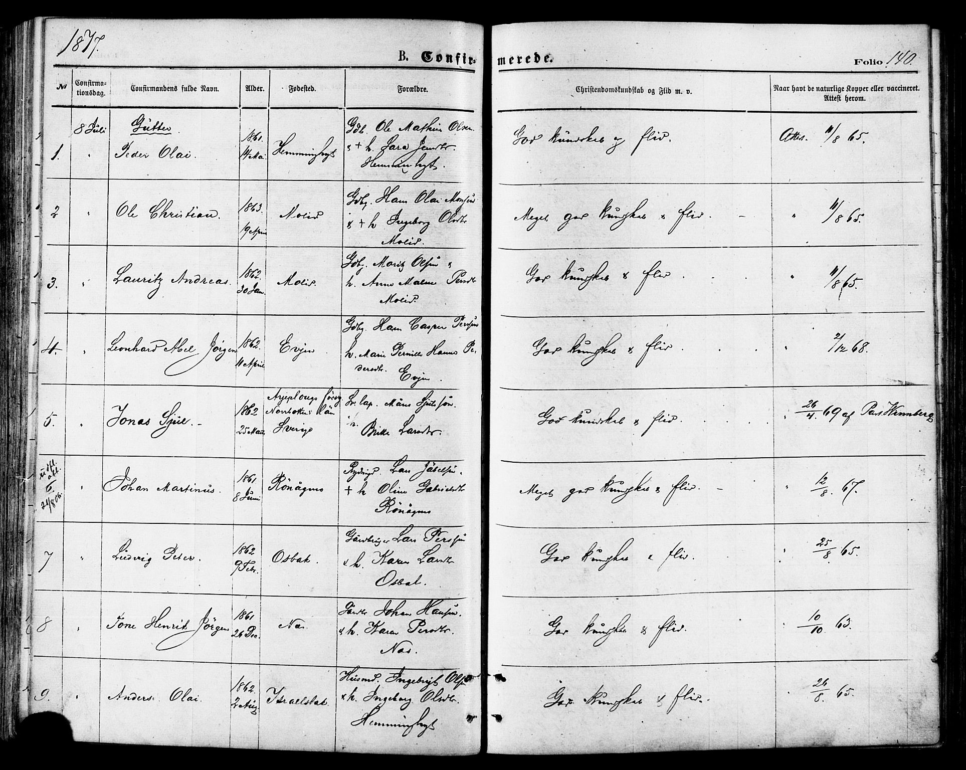 Ministerialprotokoller, klokkerbøker og fødselsregistre - Nordland, SAT/A-1459/846/L0645: Ministerialbok nr. 846A03, 1872-1886, s. 140