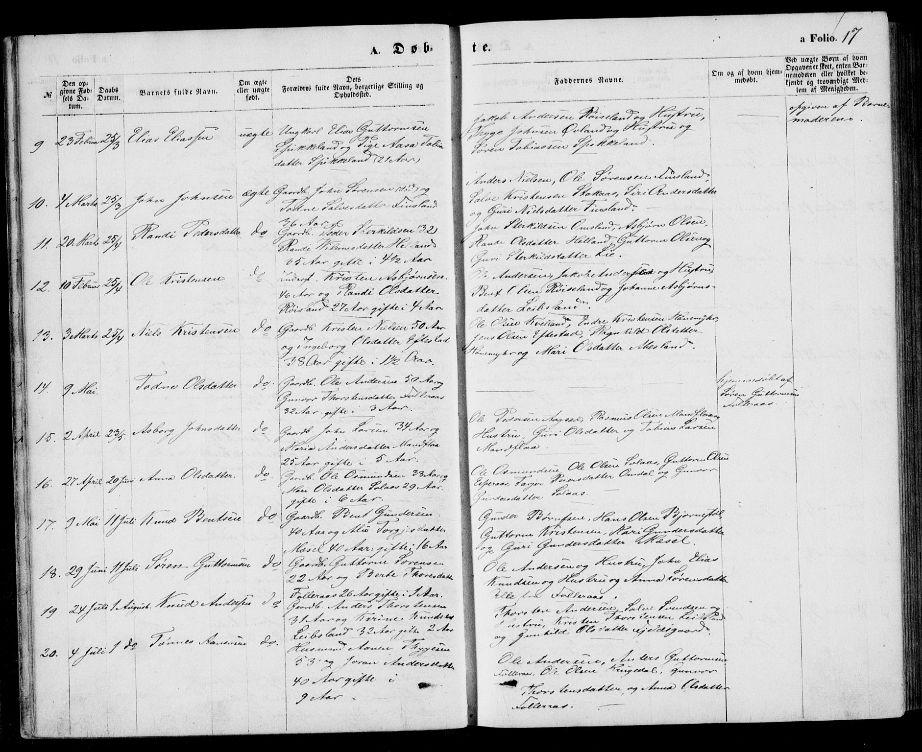 Bjelland sokneprestkontor, AV/SAK-1111-0005/F/Fb/Fbb/L0004: Klokkerbok nr. B 4, 1867-1887, s. 17
