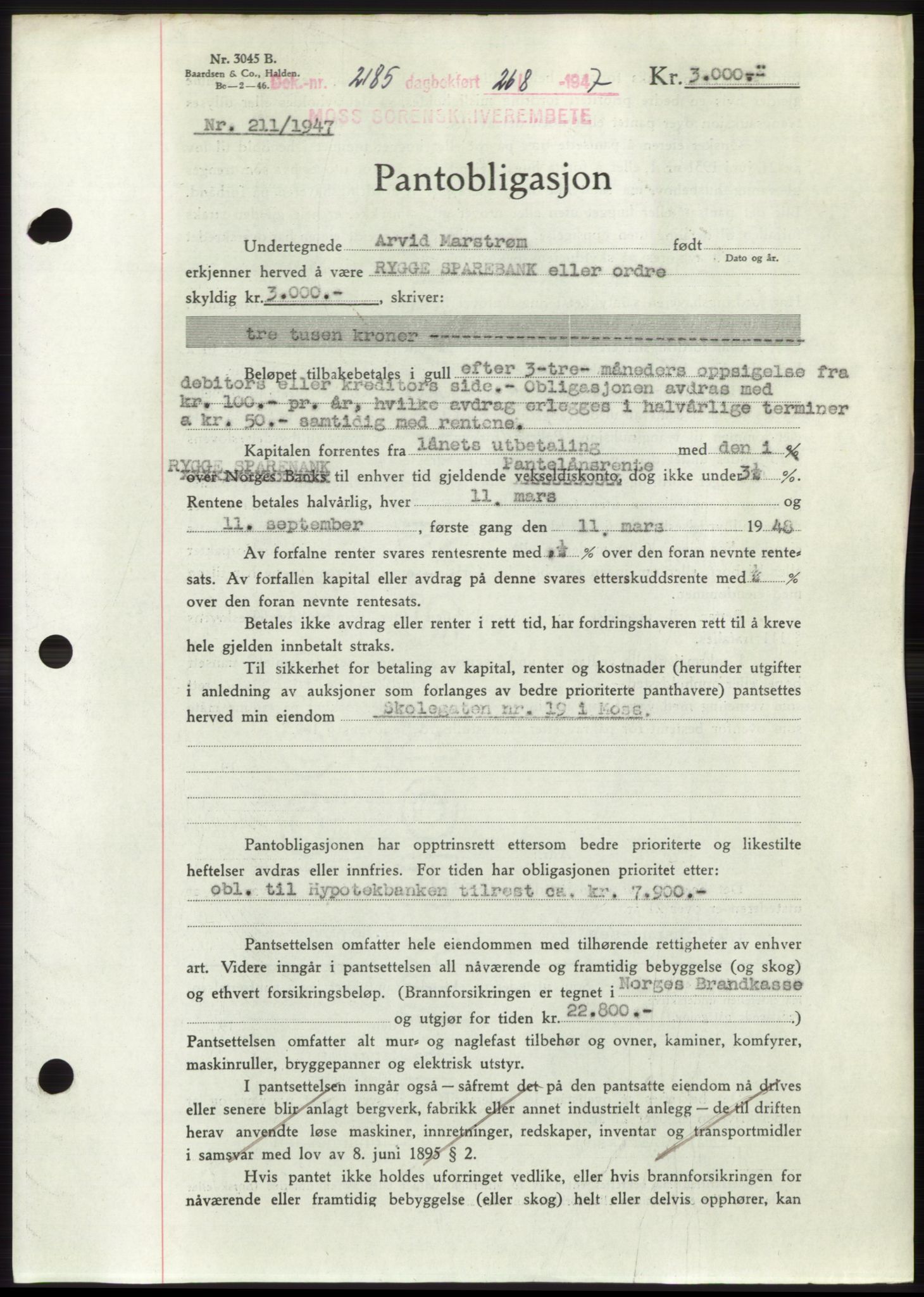 Moss sorenskriveri, SAO/A-10168: Pantebok nr. B17, 1947-1947, Dagboknr: 2185/1947