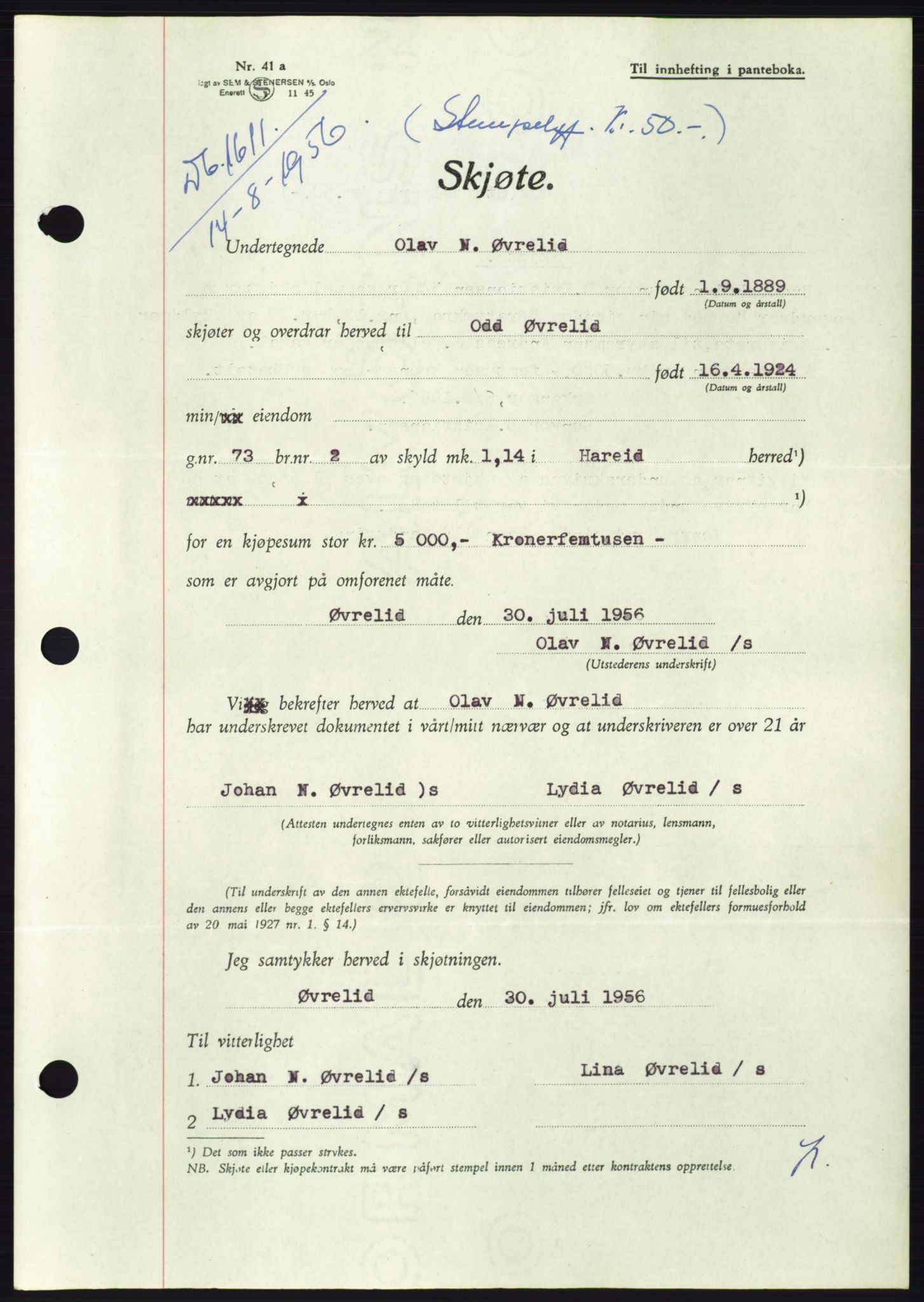 Søre Sunnmøre sorenskriveri, AV/SAT-A-4122/1/2/2C/L0104: Pantebok nr. 30A, 1956-1956, Dagboknr: 1611/1956