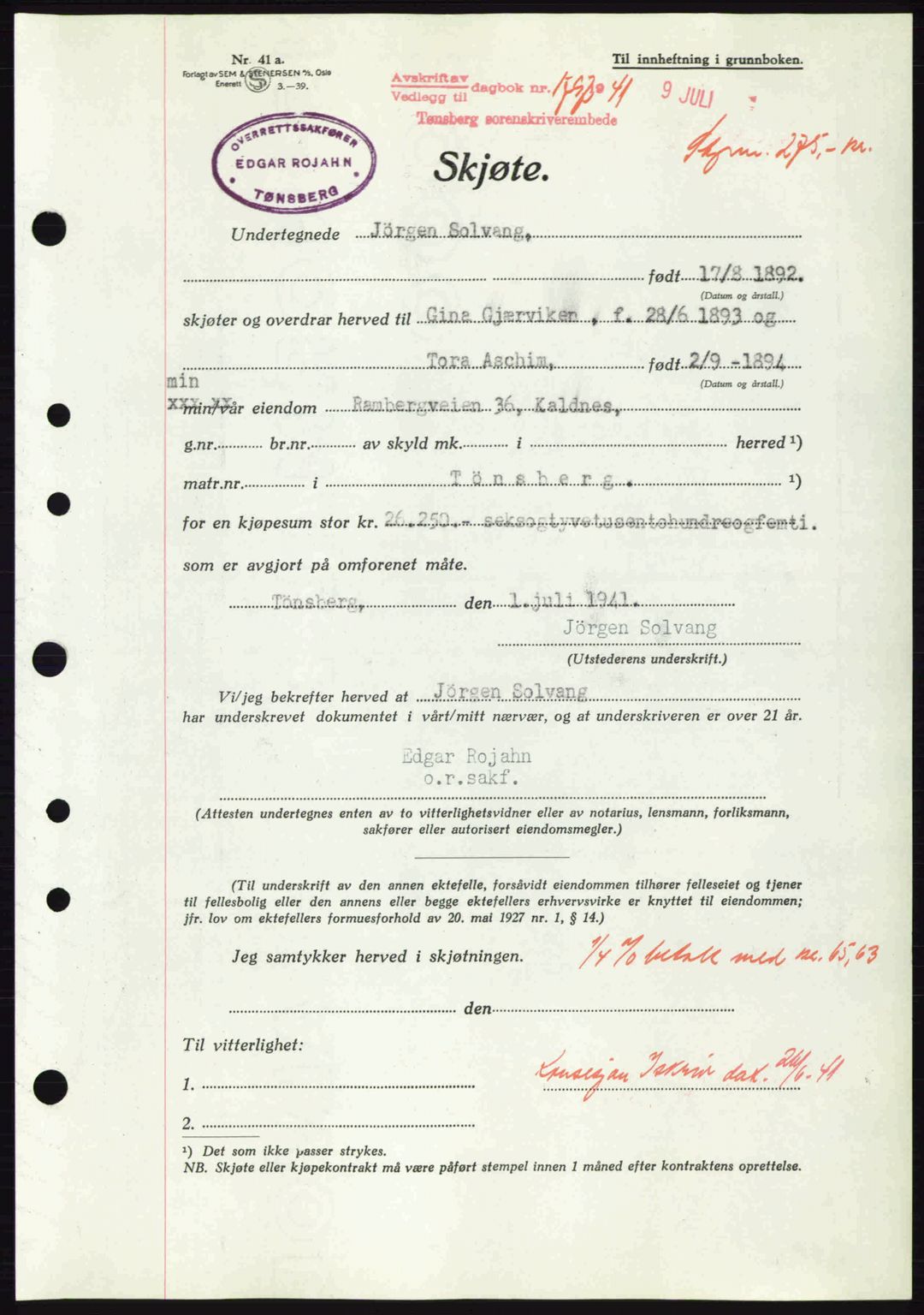 Tønsberg sorenskriveri, AV/SAKO-A-130/G/Ga/Gaa/L0010: Pantebok nr. A10, 1941-1941, Dagboknr: 1797/1941