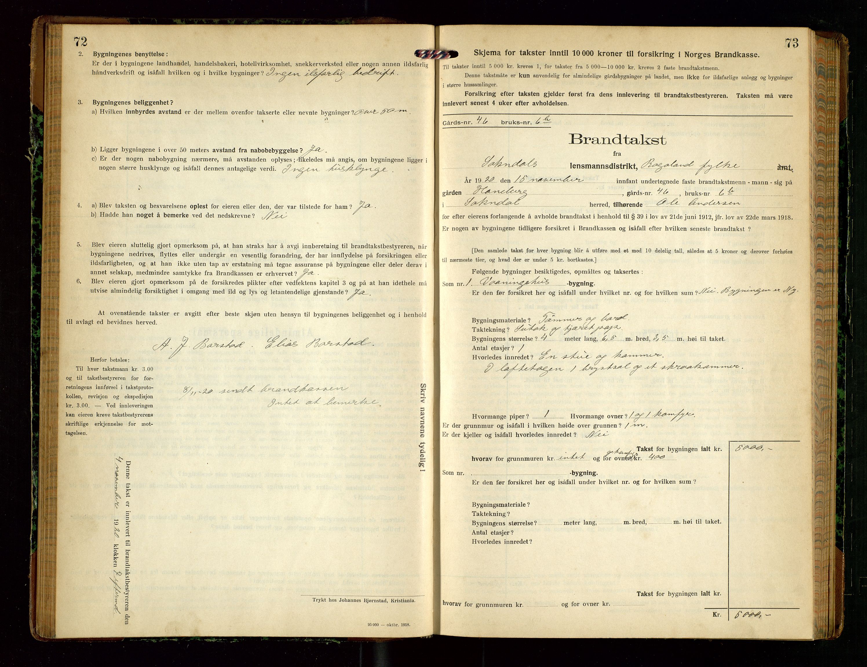 Sokndal lensmannskontor, AV/SAST-A-100417/Gob/L0005: "Brandtakst-Protokol", 1920-1924, s. 72-73