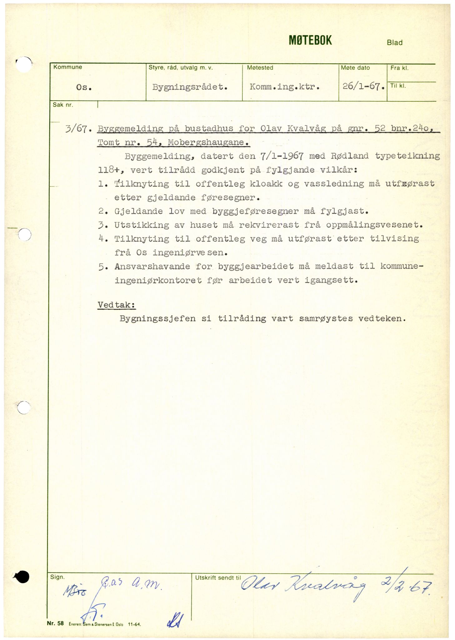 Os kommune. Bygningsrådet, IKAH/1243-511/A/Aa/L0006: Møtebok for Os bygningsråd, 1967