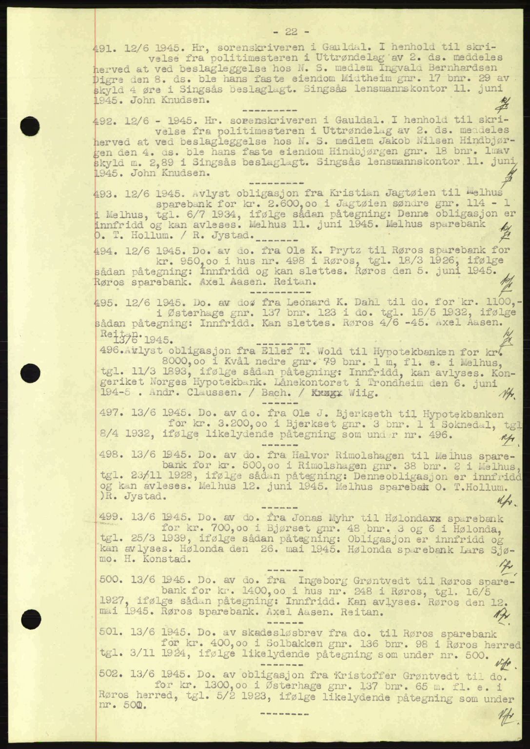 Gauldal sorenskriveri, SAT/A-0014/1/2/2C: Pantebok nr. A1a, 1945-1945, Dagboknr: 491/1945