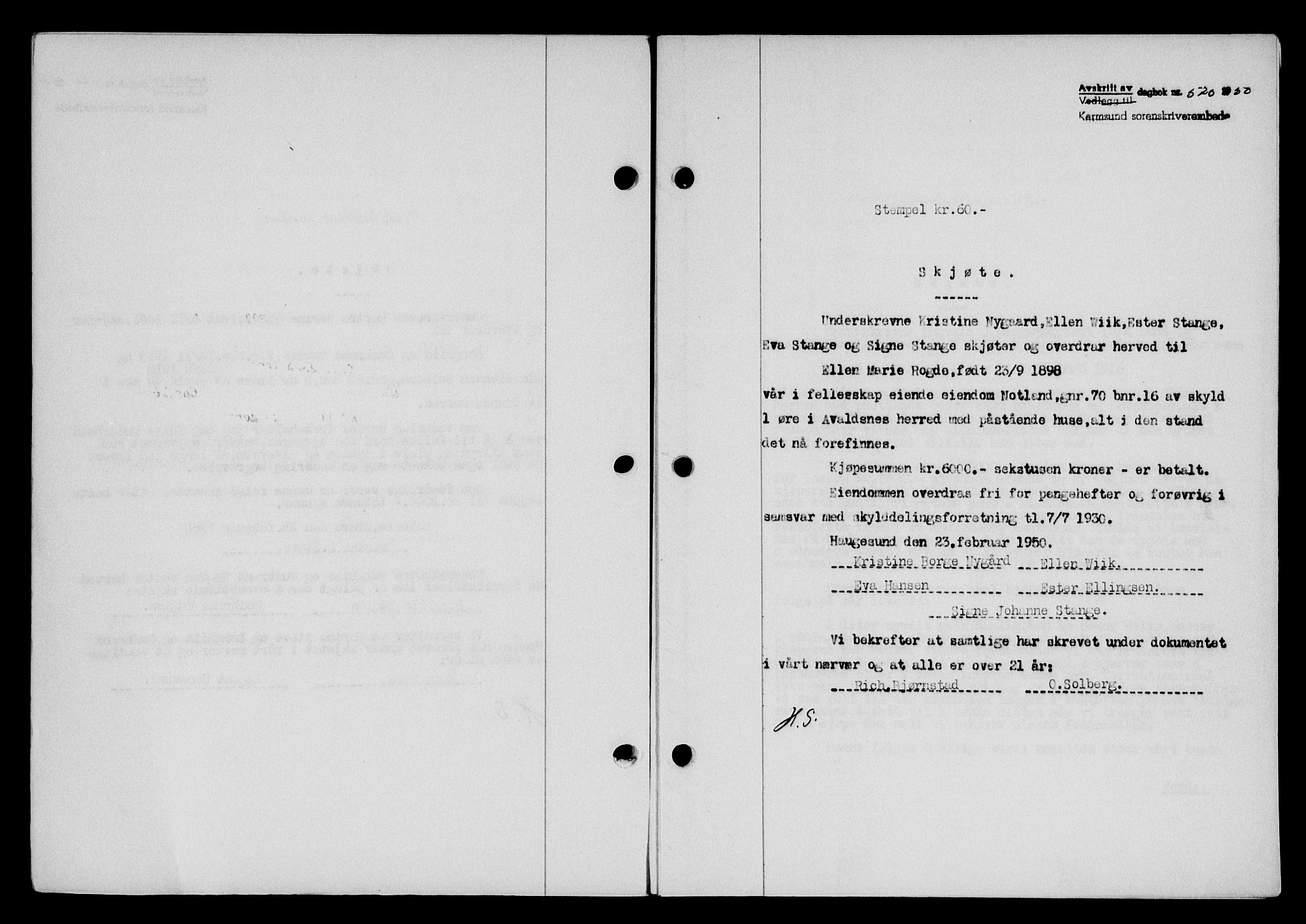 Karmsund sorenskriveri, SAST/A-100311/01/II/IIB/L0099: Pantebok nr. 79A, 1950-1950, Dagboknr: 570/1950