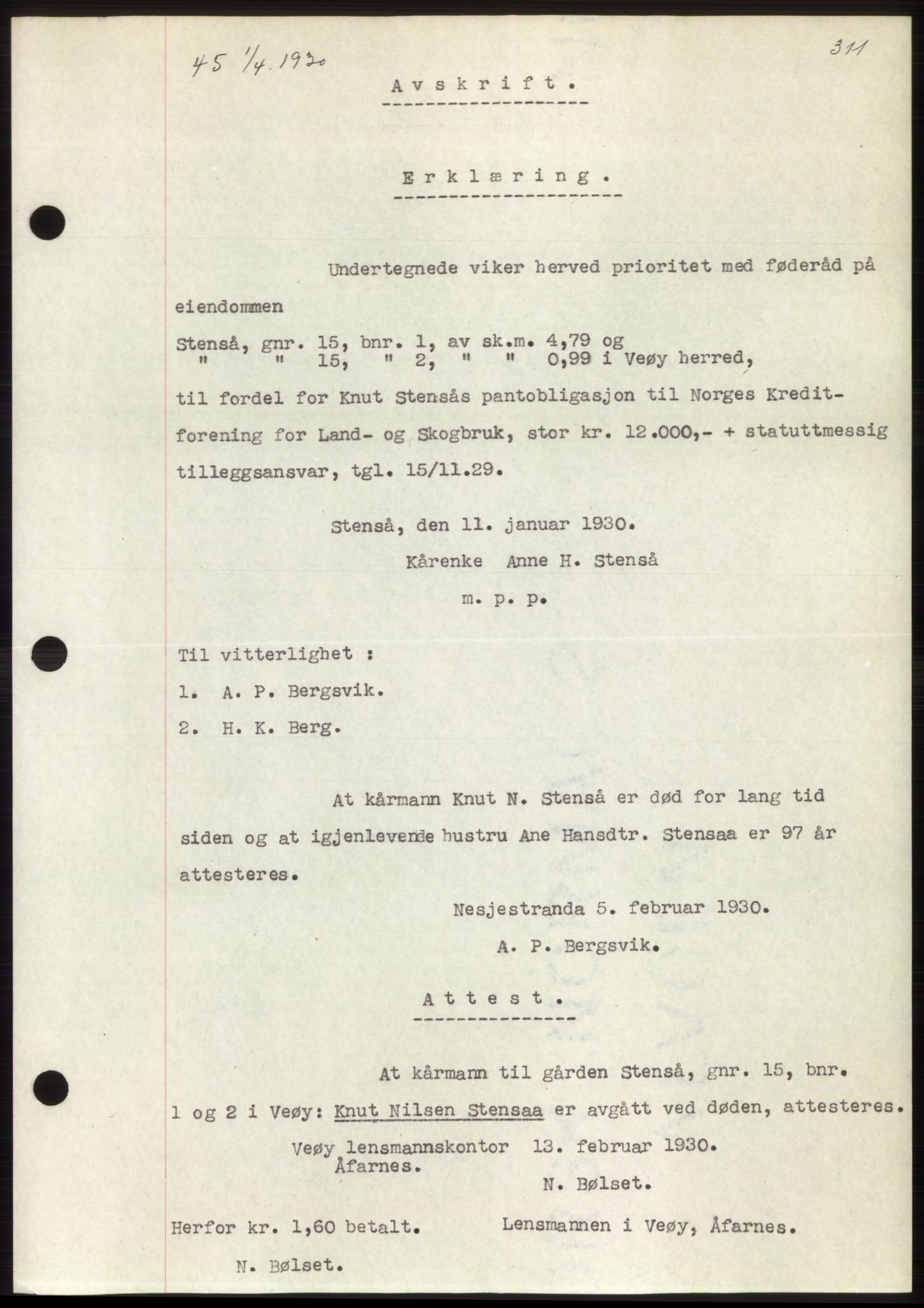 Romsdal sorenskriveri, SAT/A-4149/1/2/2C/L0057: Pantebok nr. 51, 1929-1930, Tingl.dato: 01.04.1930