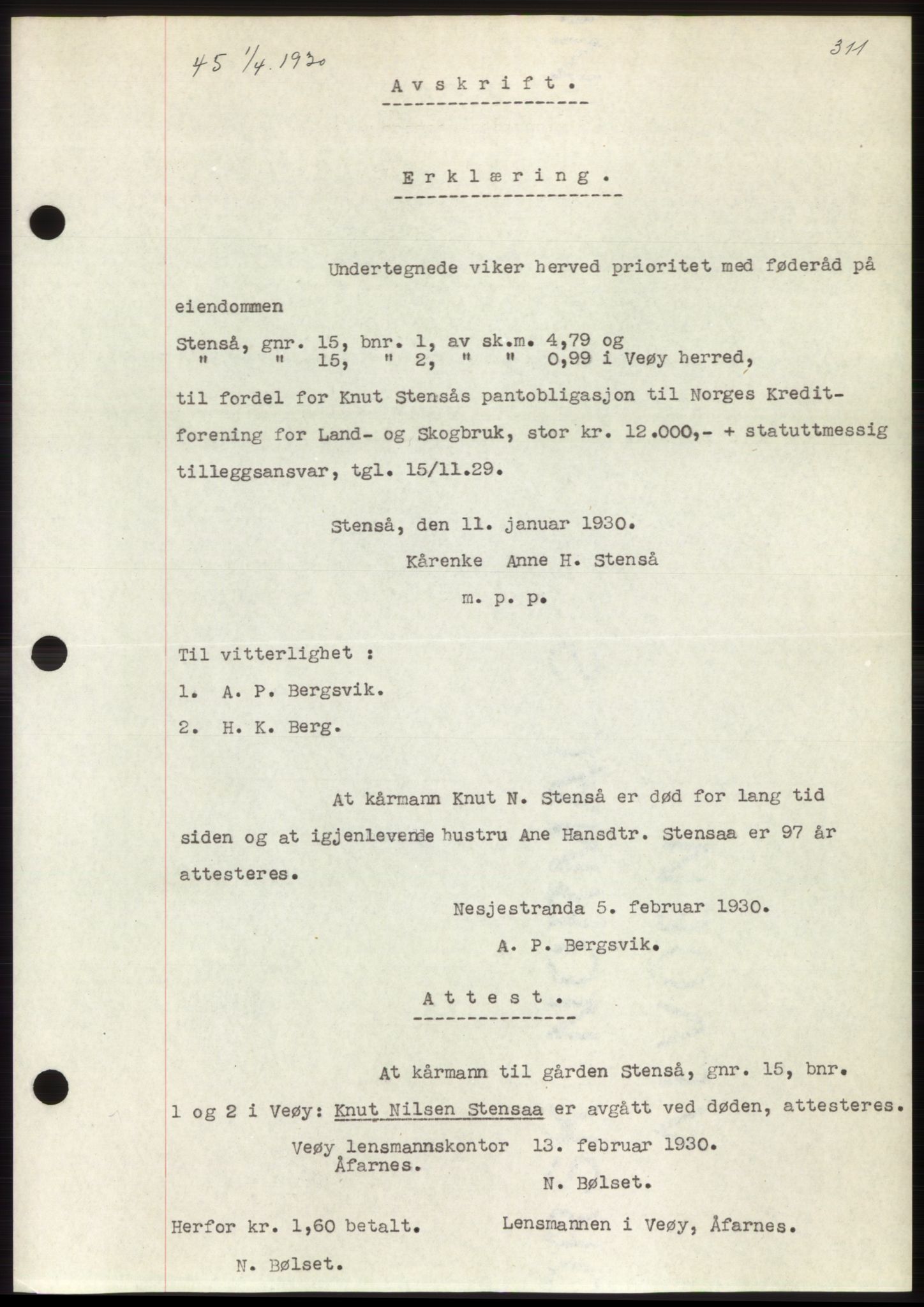 Romsdal sorenskriveri, AV/SAT-A-4149/1/2/2C/L0057: Pantebok nr. 51, 1929-1930, Tingl.dato: 01.04.1930