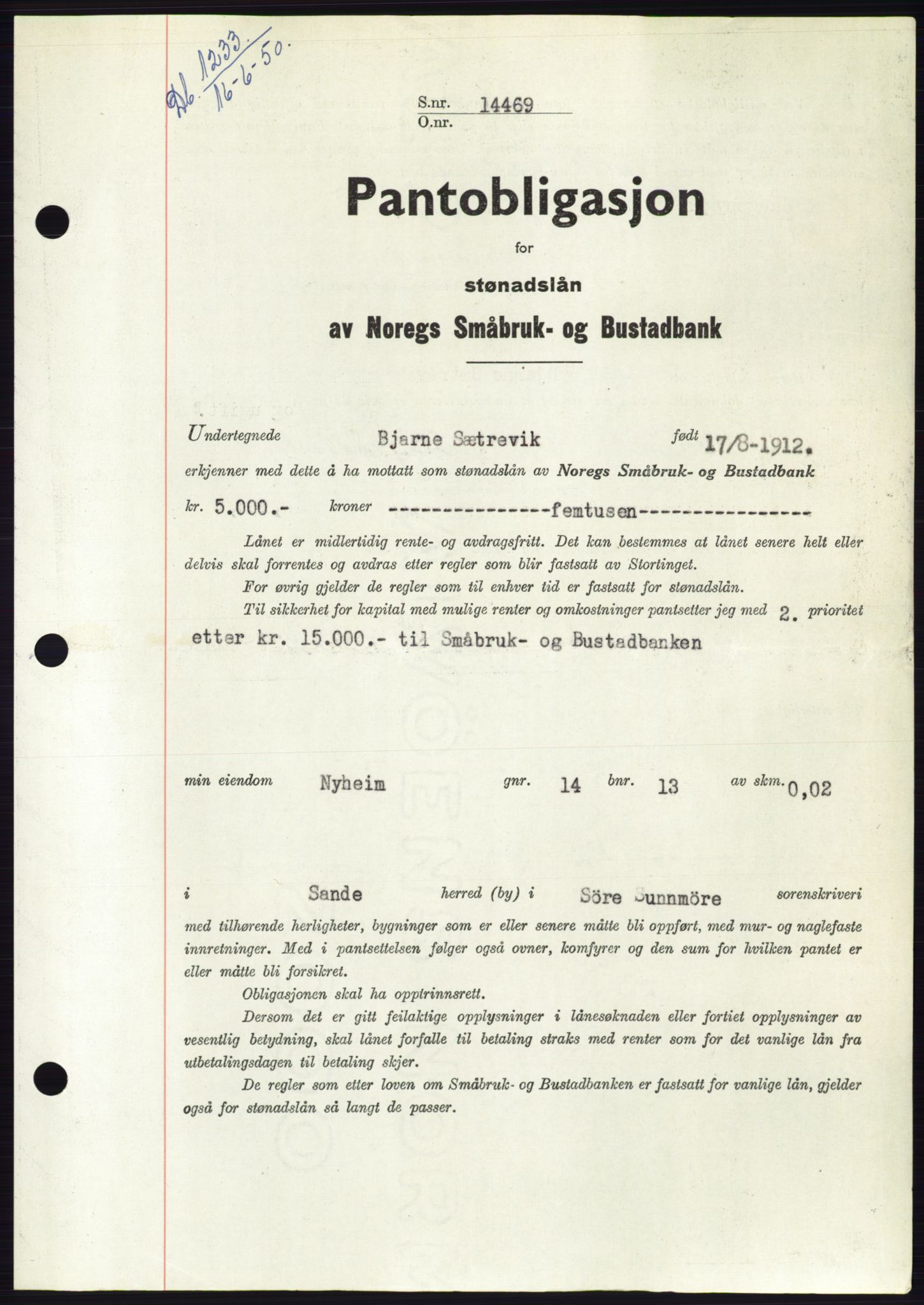 Søre Sunnmøre sorenskriveri, SAT/A-4122/1/2/2C/L0118: Pantebok nr. 6B, 1949-1950, Dagboknr: 1233/1950