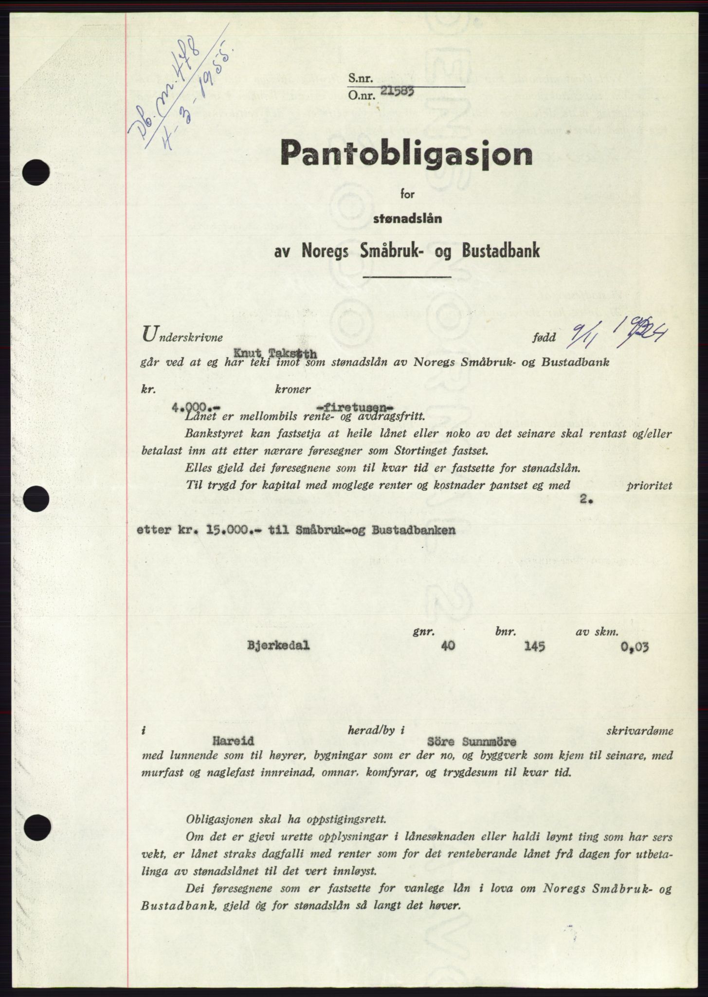 Søre Sunnmøre sorenskriveri, AV/SAT-A-4122/1/2/2C/L0126: Pantebok nr. 14B, 1954-1955, Dagboknr: 478/1955