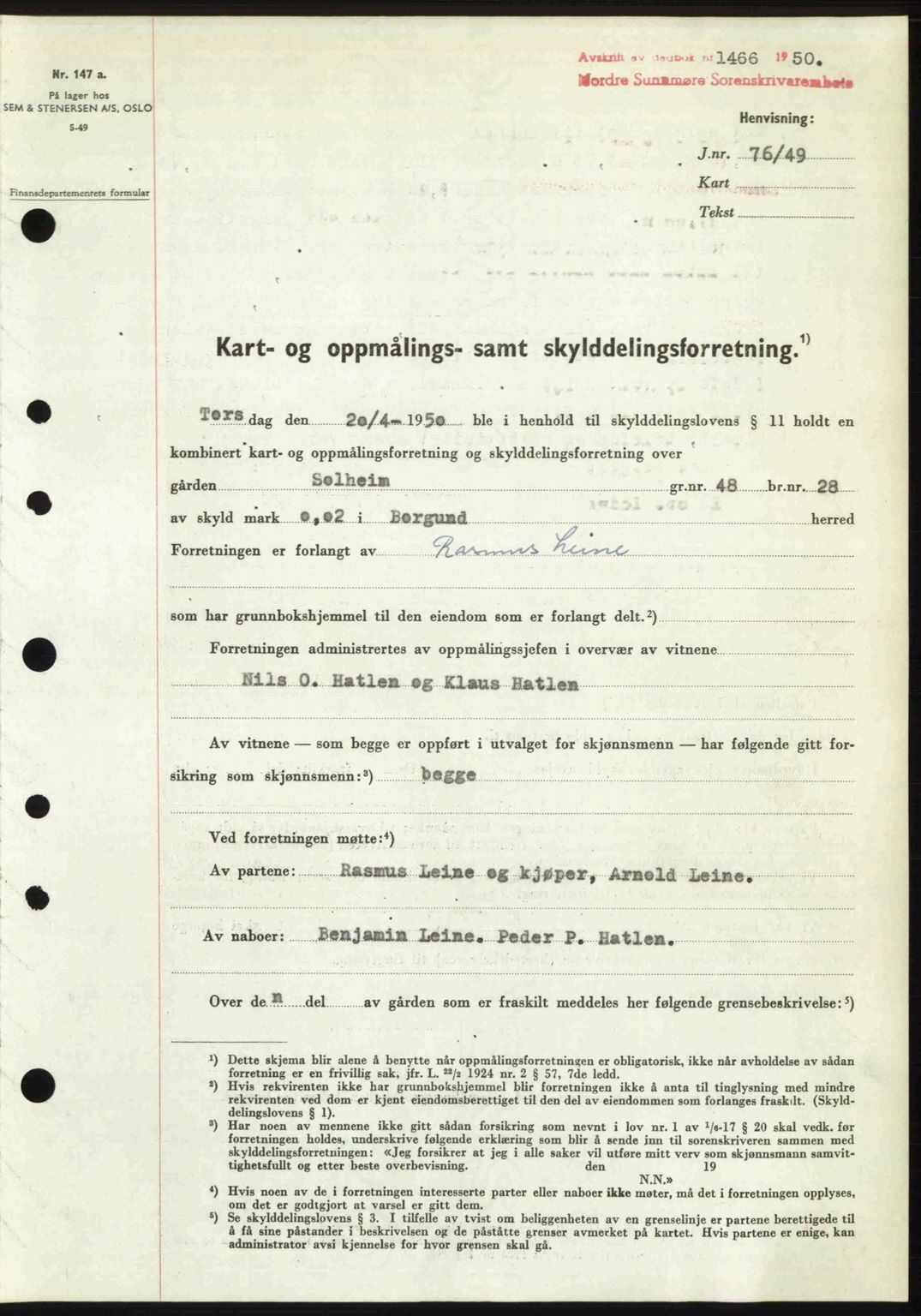 Nordre Sunnmøre sorenskriveri, SAT/A-0006/1/2/2C/2Ca: Pantebok nr. A35, 1950-1950, Dagboknr: 1466/1950