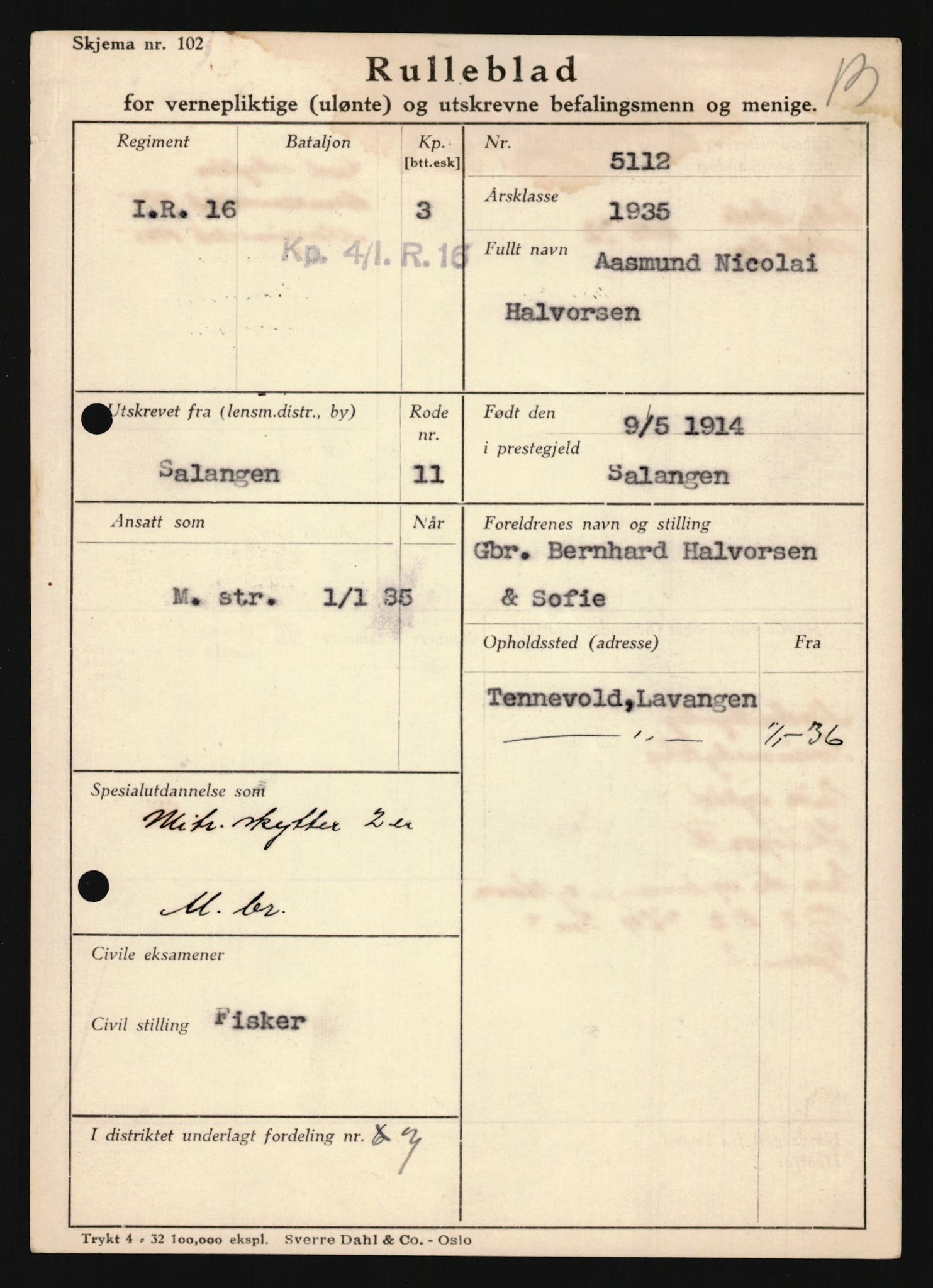 Forsvaret, Troms infanteriregiment nr. 16, AV/RA-RAFA-3146/P/Pa/L0019: Rulleblad for regimentets menige mannskaper, årsklasse 1935, 1935, s. 261