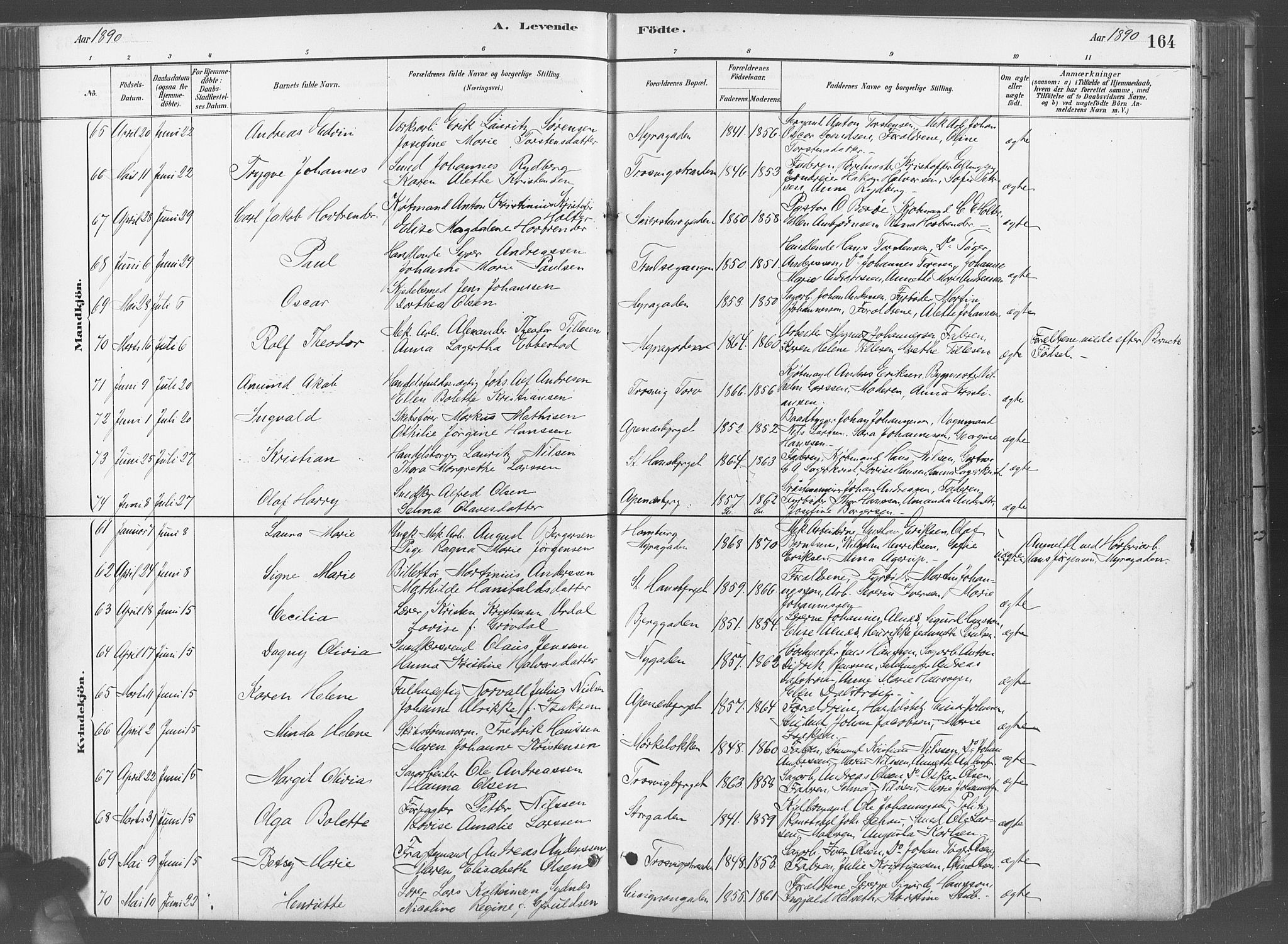 Fredrikstad domkirkes prestekontor Kirkebøker, AV/SAO-A-10906/G/Ga/L0003: Klokkerbok nr. 3, 1880-1900, s. 164