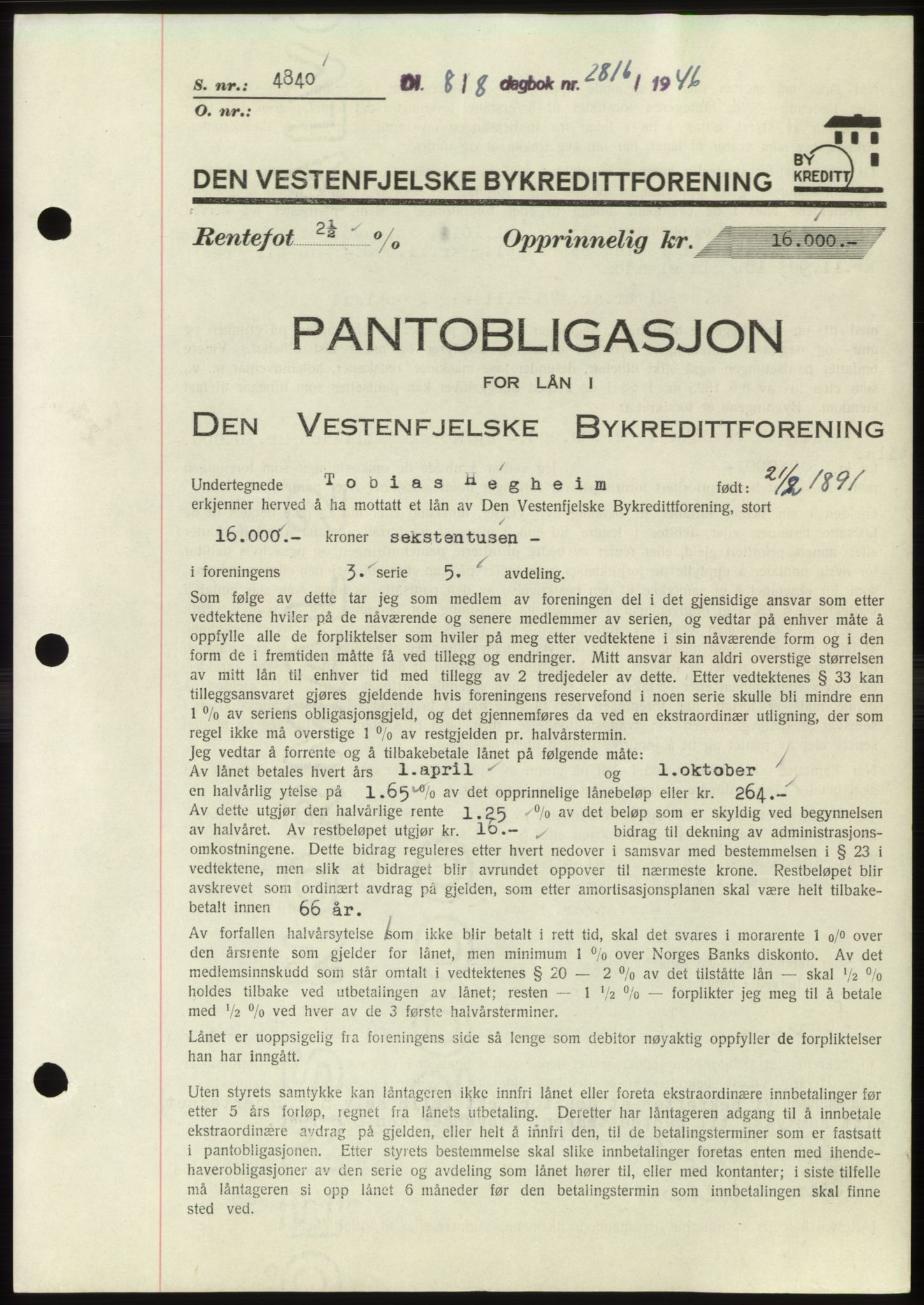 Jæren sorenskriveri, SAST/A-100310/03/G/Gba/L0091: Pantebok, 1946-1946, Dagboknr: 2816/1946