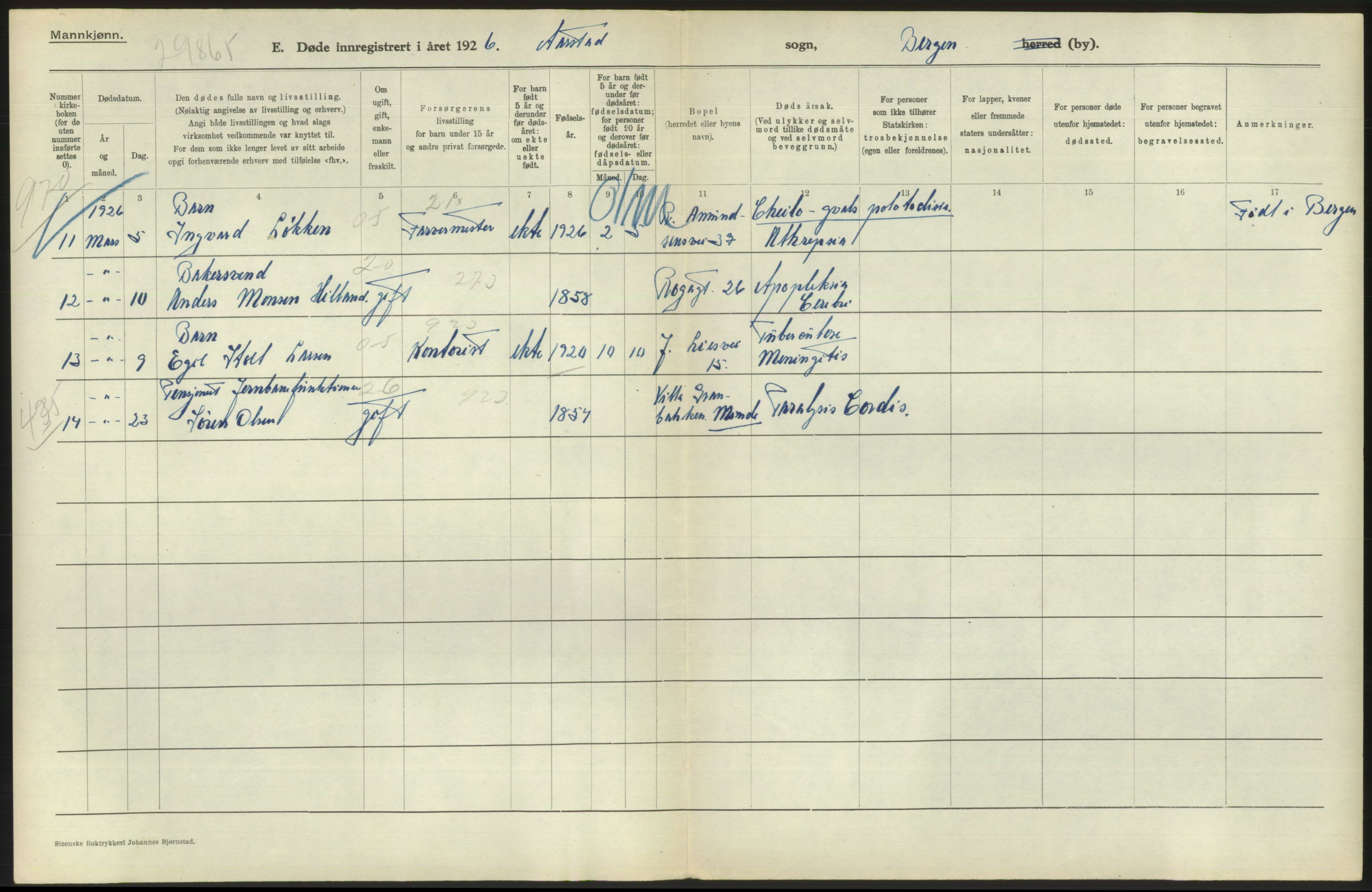 Statistisk sentralbyrå, Sosiodemografiske emner, Befolkning, AV/RA-S-2228/D/Df/Dfc/Dfcf/L0028: Bergen: Gifte, døde, dødfødte., 1926, s. 734