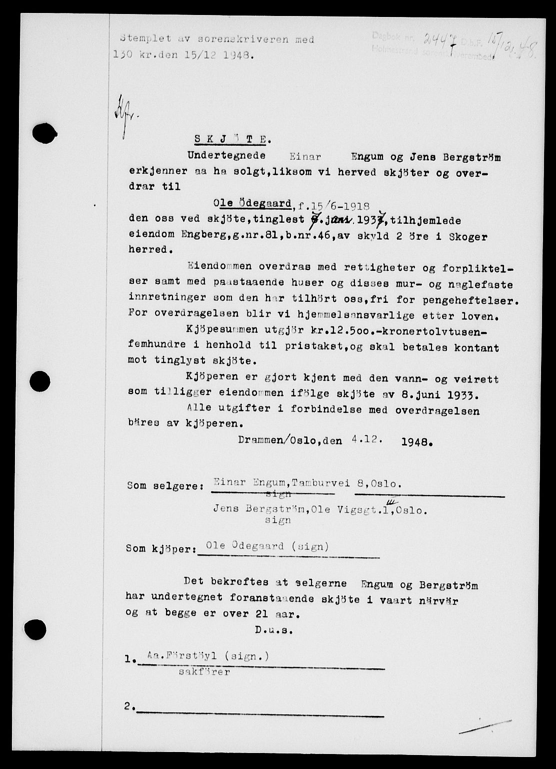 Holmestrand sorenskriveri, SAKO/A-67/G/Ga/Gaa/L0065: Pantebok nr. A-65, 1948-1949, Dagboknr: 2447/1948