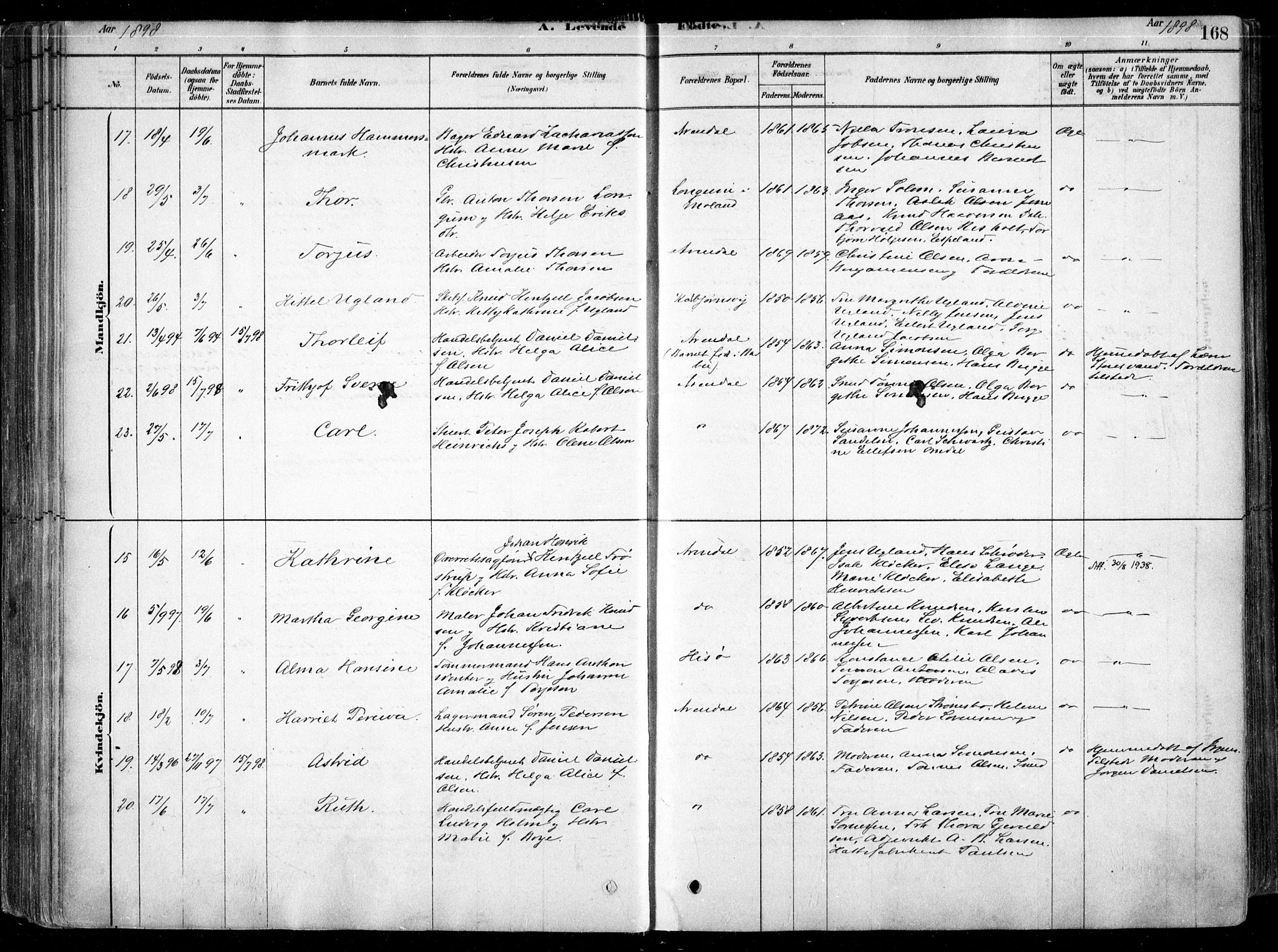 Arendal sokneprestkontor, Trefoldighet, AV/SAK-1111-0040/F/Fa/L0008: Ministerialbok nr. A 8, 1878-1899, s. 168