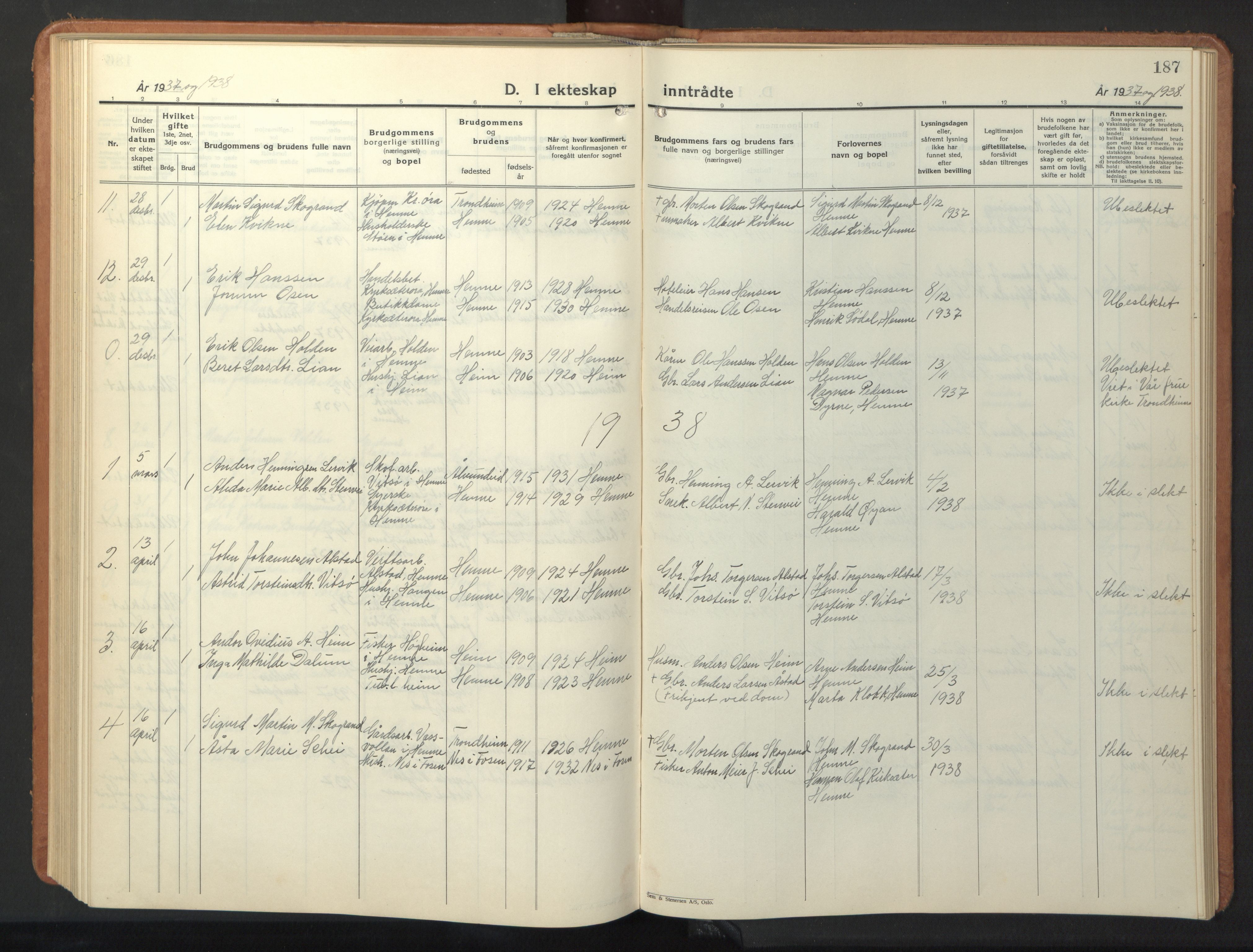 Ministerialprotokoller, klokkerbøker og fødselsregistre - Sør-Trøndelag, AV/SAT-A-1456/630/L0508: Klokkerbok nr. 630C06, 1933-1950, s. 187