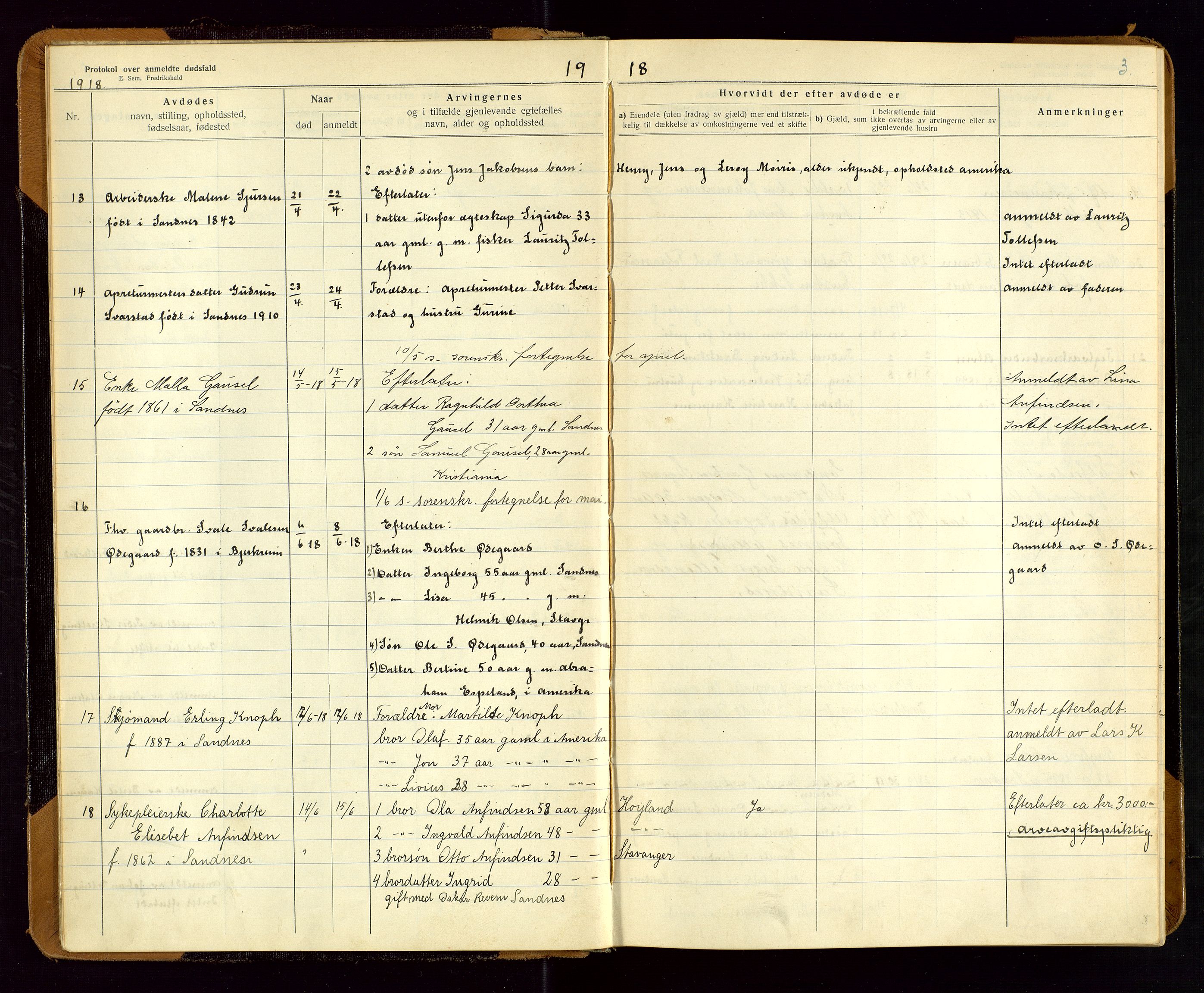 Sandnes lensmannskontor, AV/SAST-A-100167/Gga/L0001: "Protokol over anmeldte dødsfald" m/register, 1918-1940, s. 3