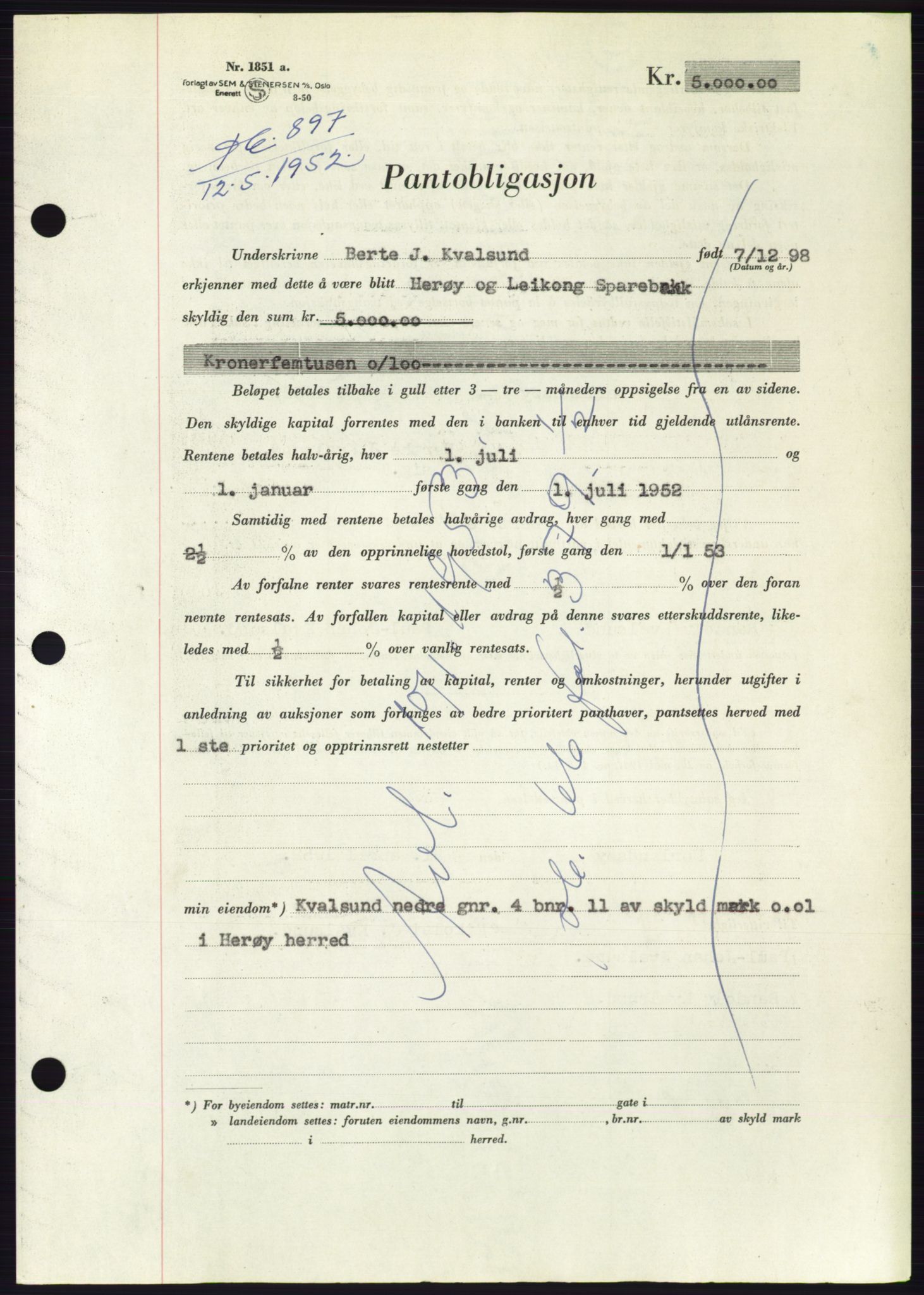 Søre Sunnmøre sorenskriveri, AV/SAT-A-4122/1/2/2C/L0121: Pantebok nr. 9B, 1951-1952, Dagboknr: 897/1952