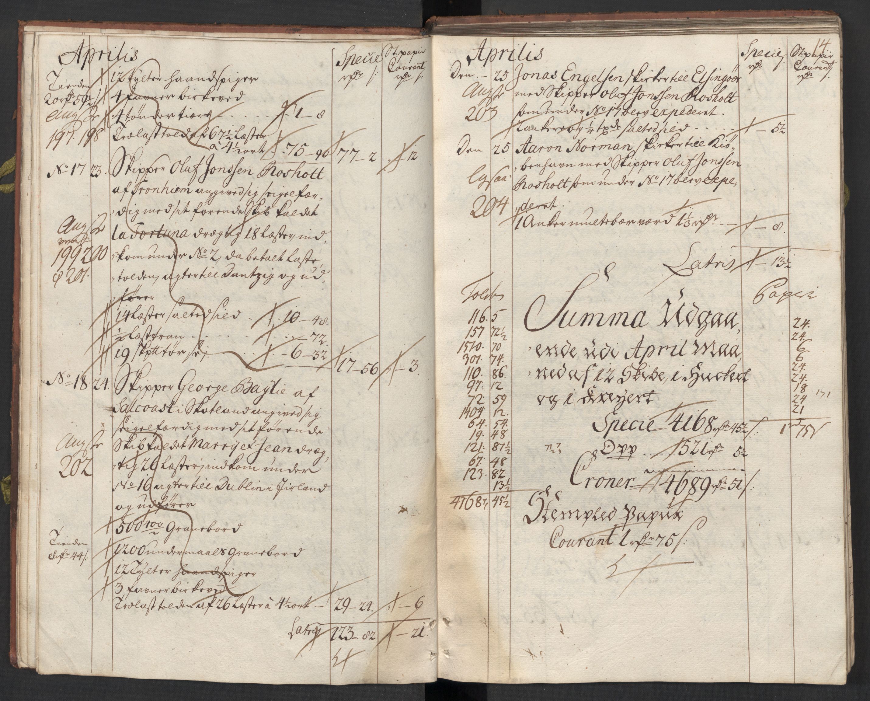 Generaltollkammeret, tollregnskaper, AV/RA-EA-5490/R33/L0015/0002: Tollregnskaper Trondheim A / Utgående tollbok, 1733, s. 13b-14a