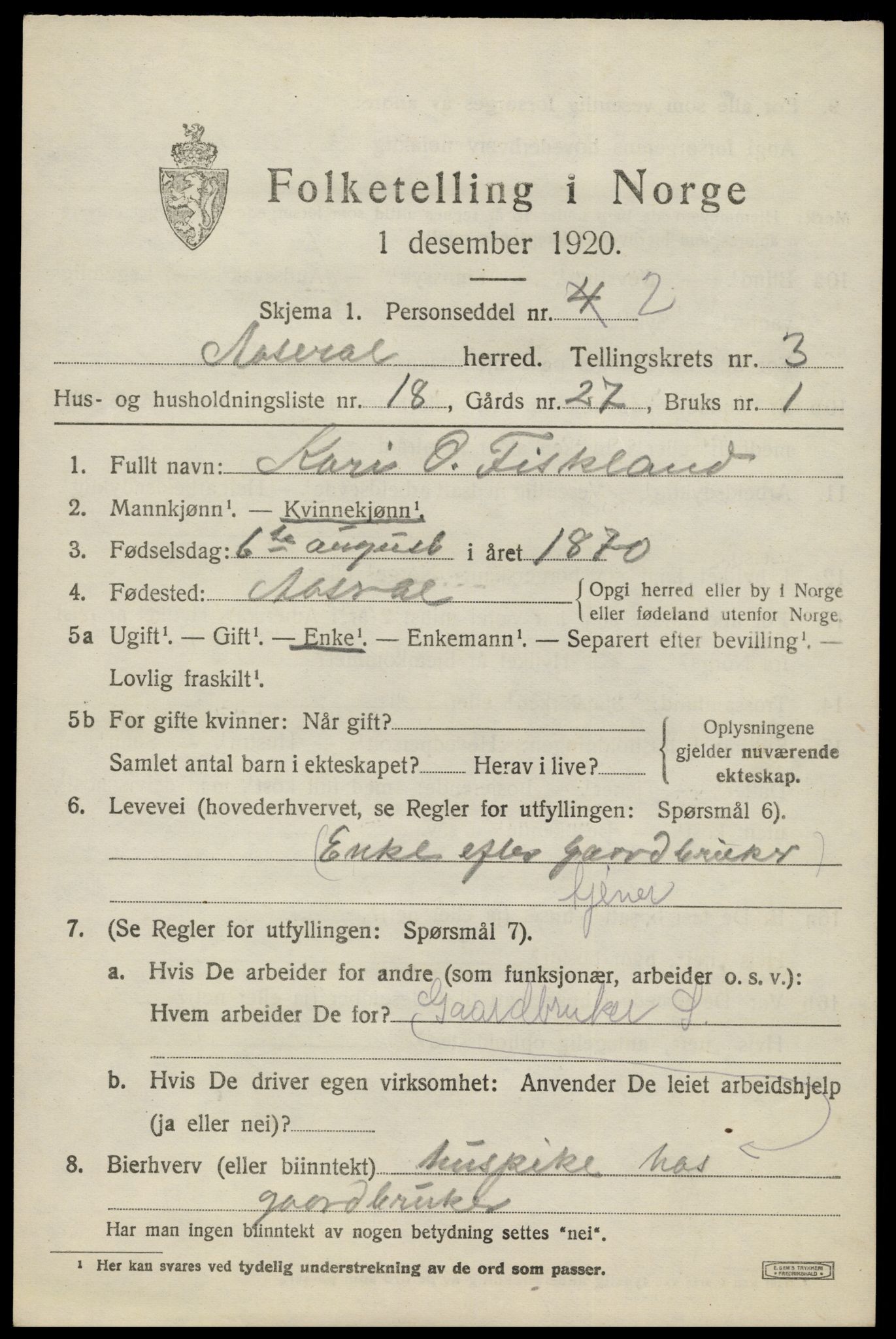 SAK, Folketelling 1920 for 1026 Åseral herred, 1920, s. 1166
