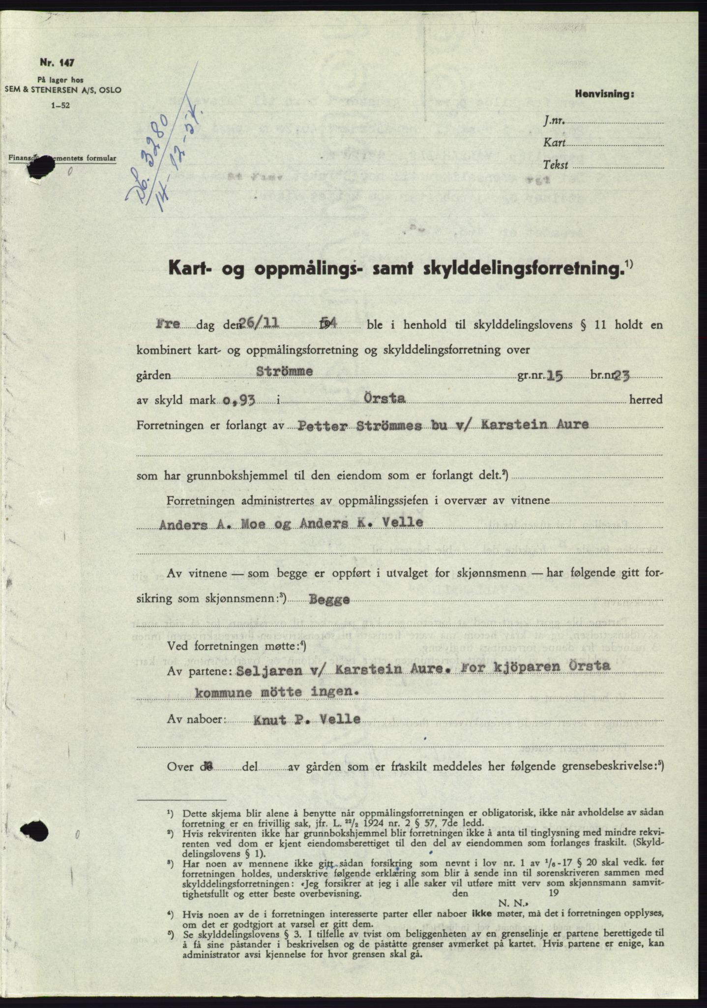 Søre Sunnmøre sorenskriveri, AV/SAT-A-4122/1/2/2C/L0099: Pantebok nr. 25A, 1954-1954, Dagboknr: 3280/1954