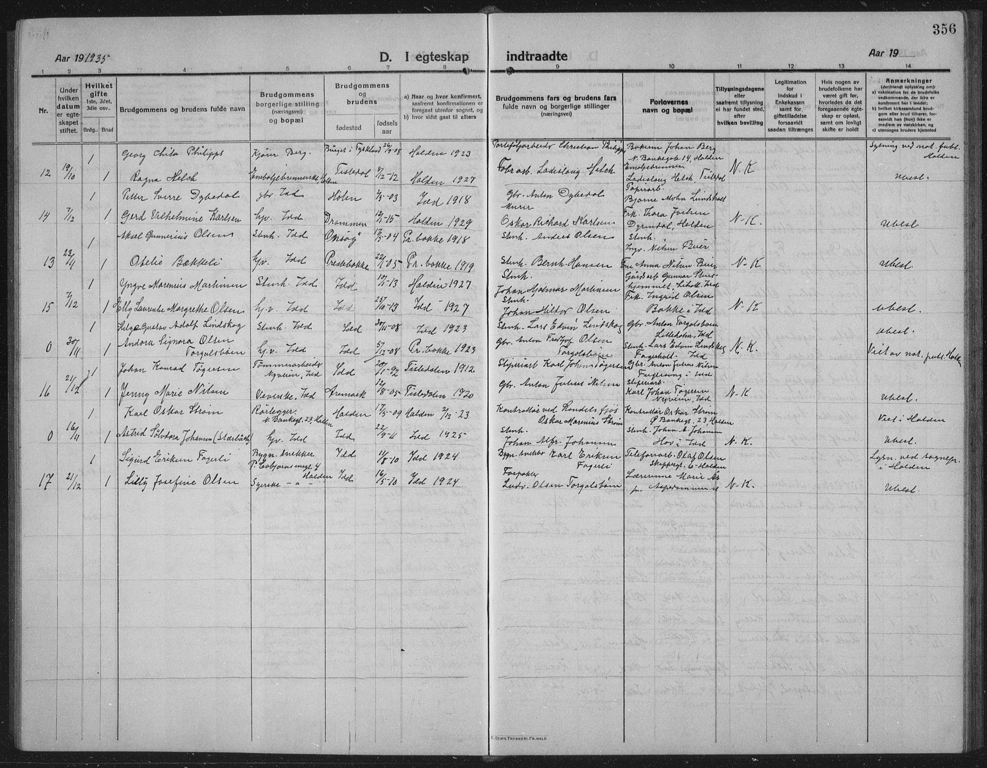 Idd prestekontor Kirkebøker, AV/SAO-A-10911/G/Gb/L0003: Klokkerbok nr. II 3, 1914-1940, s. 356
