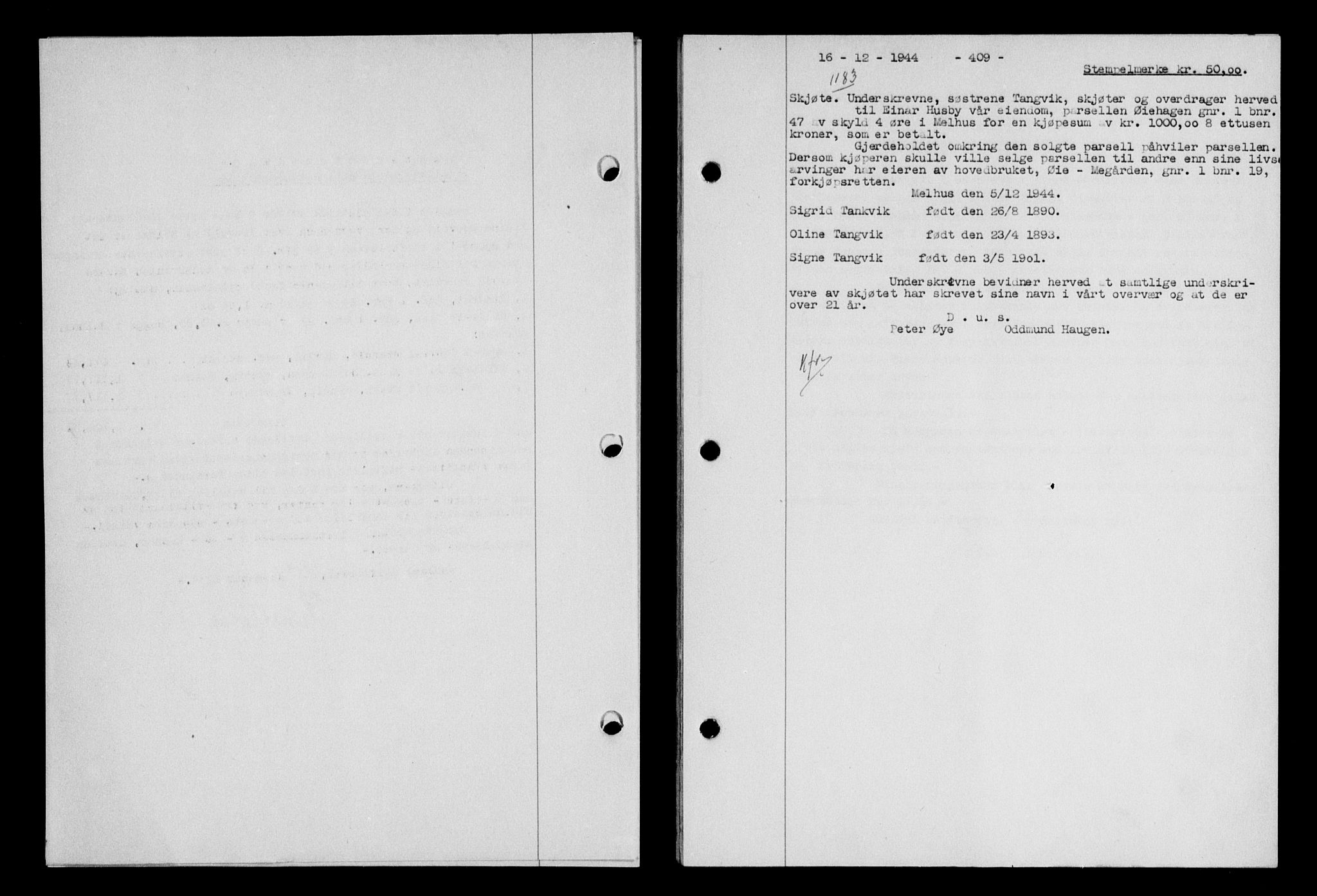 Gauldal sorenskriveri, SAT/A-0014/1/2/2C/L0058: Pantebok nr. 63, 1944-1945, Dagboknr: 1183/1944