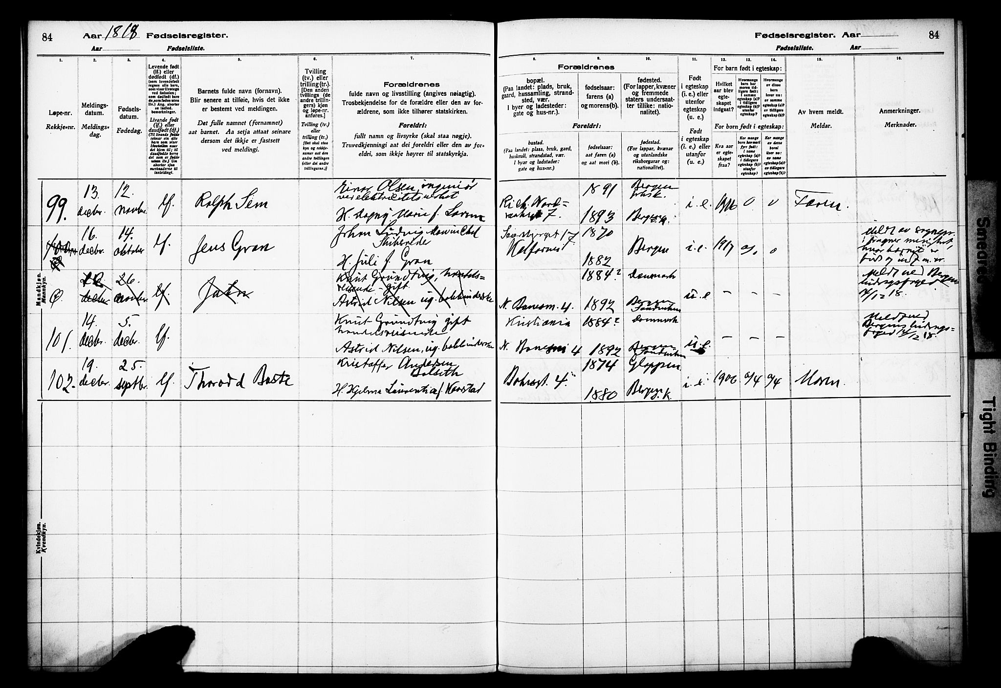 Domkirken sokneprestembete, AV/SAB-A-74801/I/Id/L00A1: Fødselsregister nr. A 1, 1916-1923, s. 84