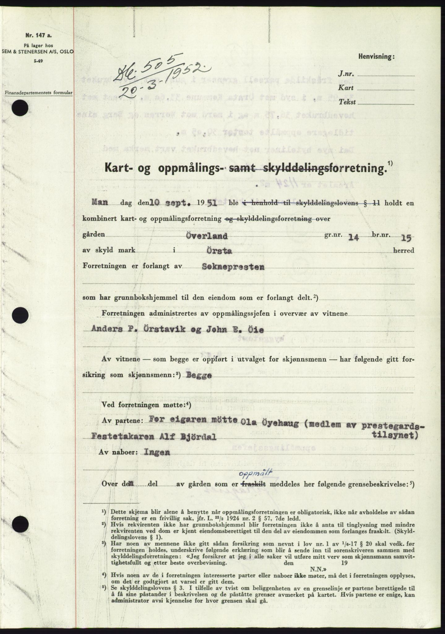 Søre Sunnmøre sorenskriveri, SAT/A-4122/1/2/2C/L0091: Pantebok nr. 17A, 1951-1952, Dagboknr: 505/1952