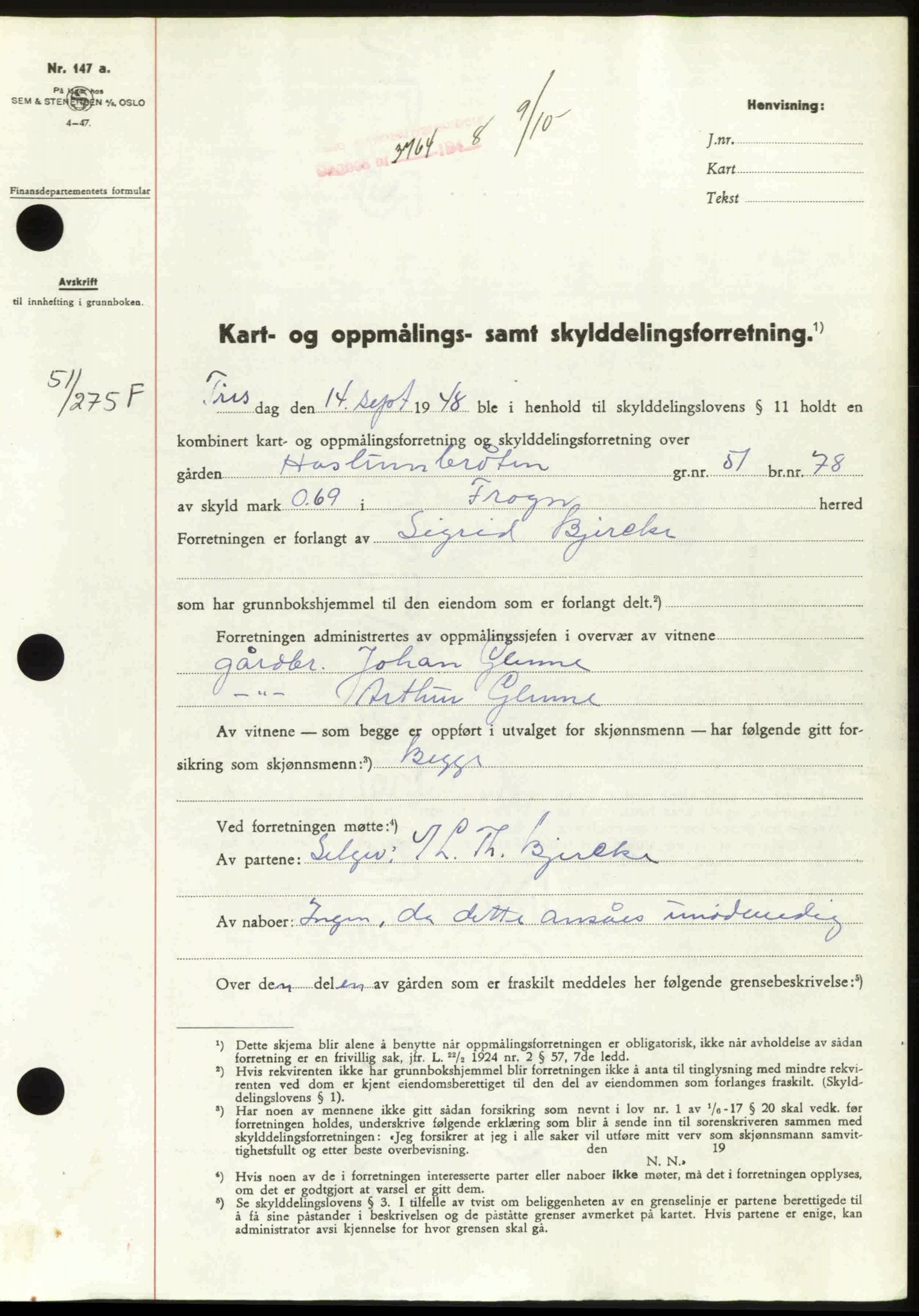 Follo sorenskriveri, SAO/A-10274/G/Ga/Gaa/L0085: Pantebok nr. I 85, 1948-1948, Dagboknr: 3764/1948