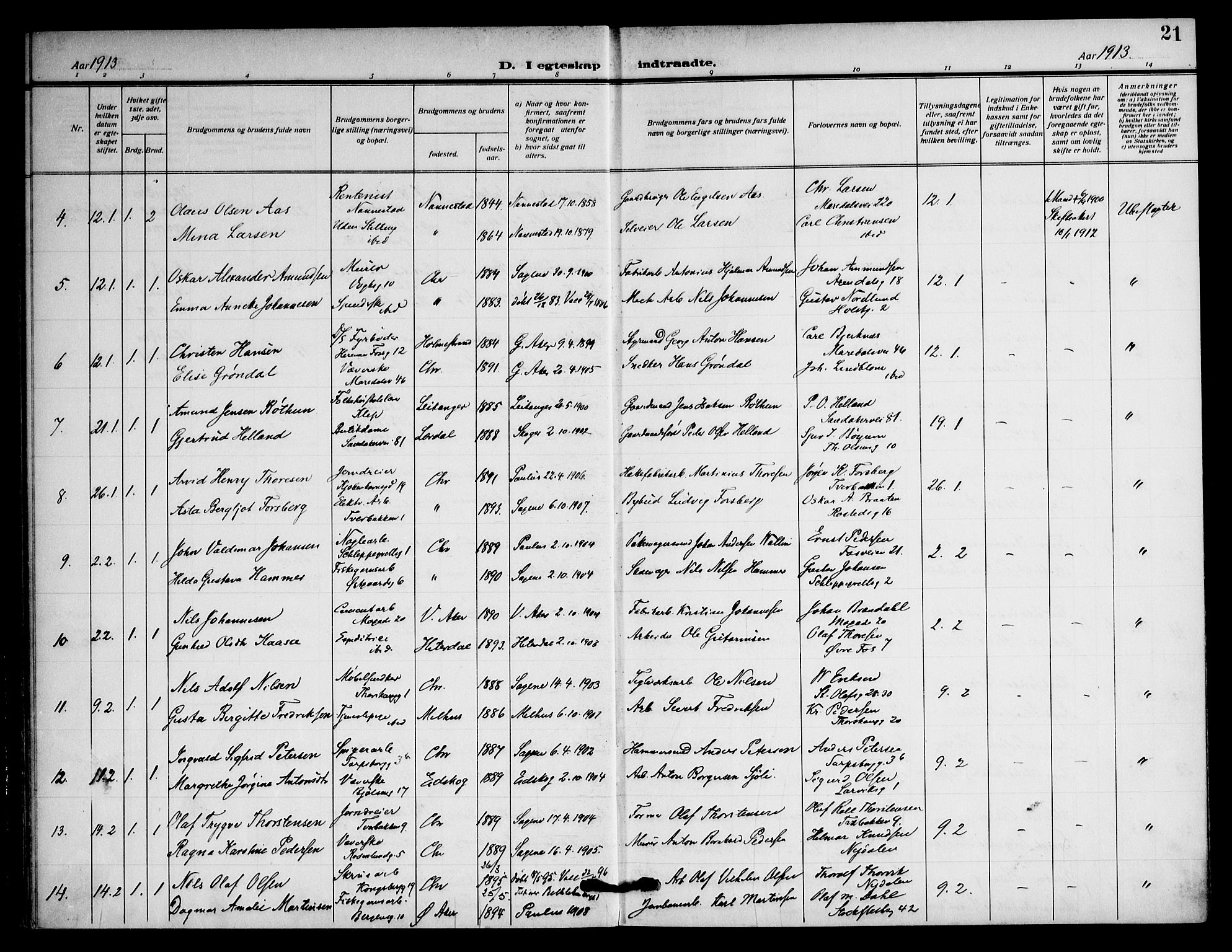 Sagene prestekontor Kirkebøker, AV/SAO-A-10796/F/L0009: Ministerialbok nr. 9, 1911-1920, s. 21