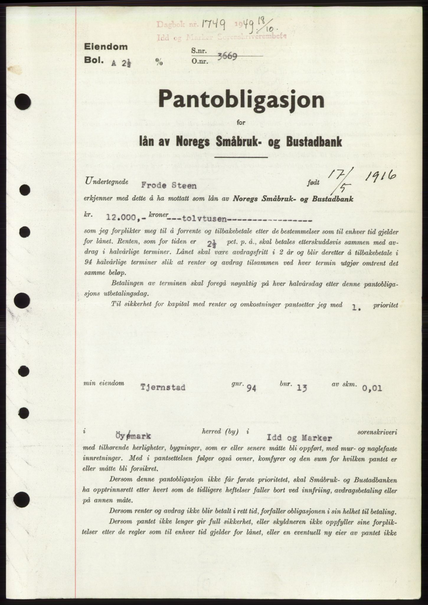 Idd og Marker sorenskriveri, AV/SAO-A-10283/G/Gb/Gbc/L0004: Pantebok nr. B10-15, 1946-1950, Dagboknr: 1749/1949